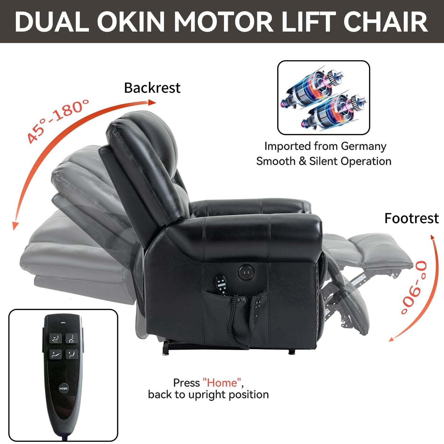 KEIKI Oversized Power Lift Recliner Rocking Chair for Adult, Genuine Leather Mid Century Modern Accent Chair with Back Message & Heat USB Port, Adjustable Home Theater Seating for Living Room, Black