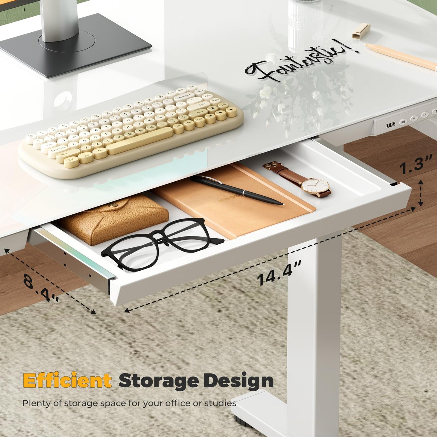 JYLH JOYSEEKER Glass Electric Standing Desk with Drawer, 35" x 20" Whole Piece Small Sit Stand Table, Height Adjustable Desk with Storage & USB Ports, Quick Install Home Office Computer Desk, White