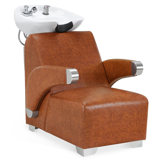 BarberPub Ceramic Bowl Backwash Shampoo Chair, Adjustable Hair Wash Sink and Chair Set for Professional Barbershop, Home&Beauty Spa Salon 9102 (Brown)