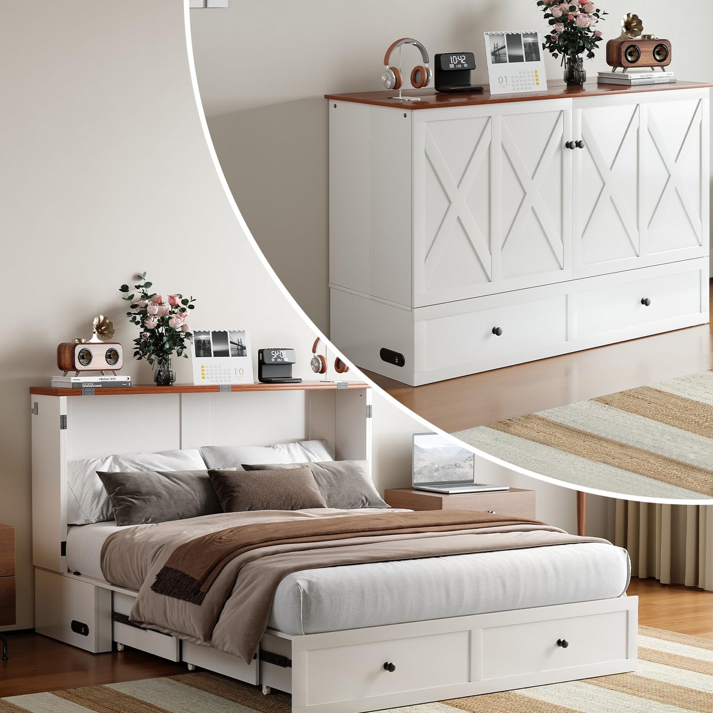 Mjkone Queen Size Murphy Bed, Storage Drawers, Hidden Folding Cabinet Bed with USB Charging Station, Space Saving Wall Chest Beds for Bedroom Living Room, White（No Mattress）