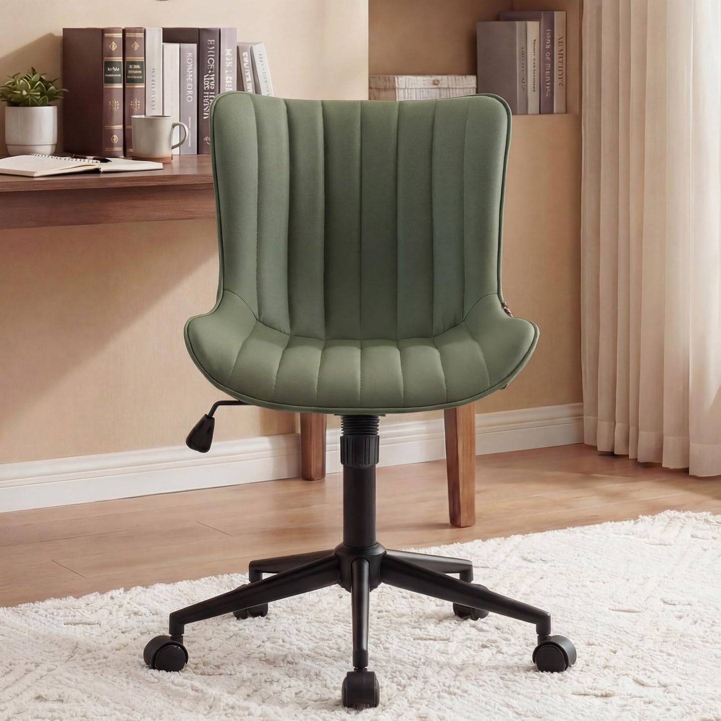 Kidol & Shellder Olive Green Office Desk Chair with Wheels Leather Modern Armless Swivel Vanity Chair with Comfy Padded Back Ergonomic Cute Rolling Adjustable Computer Chair Small