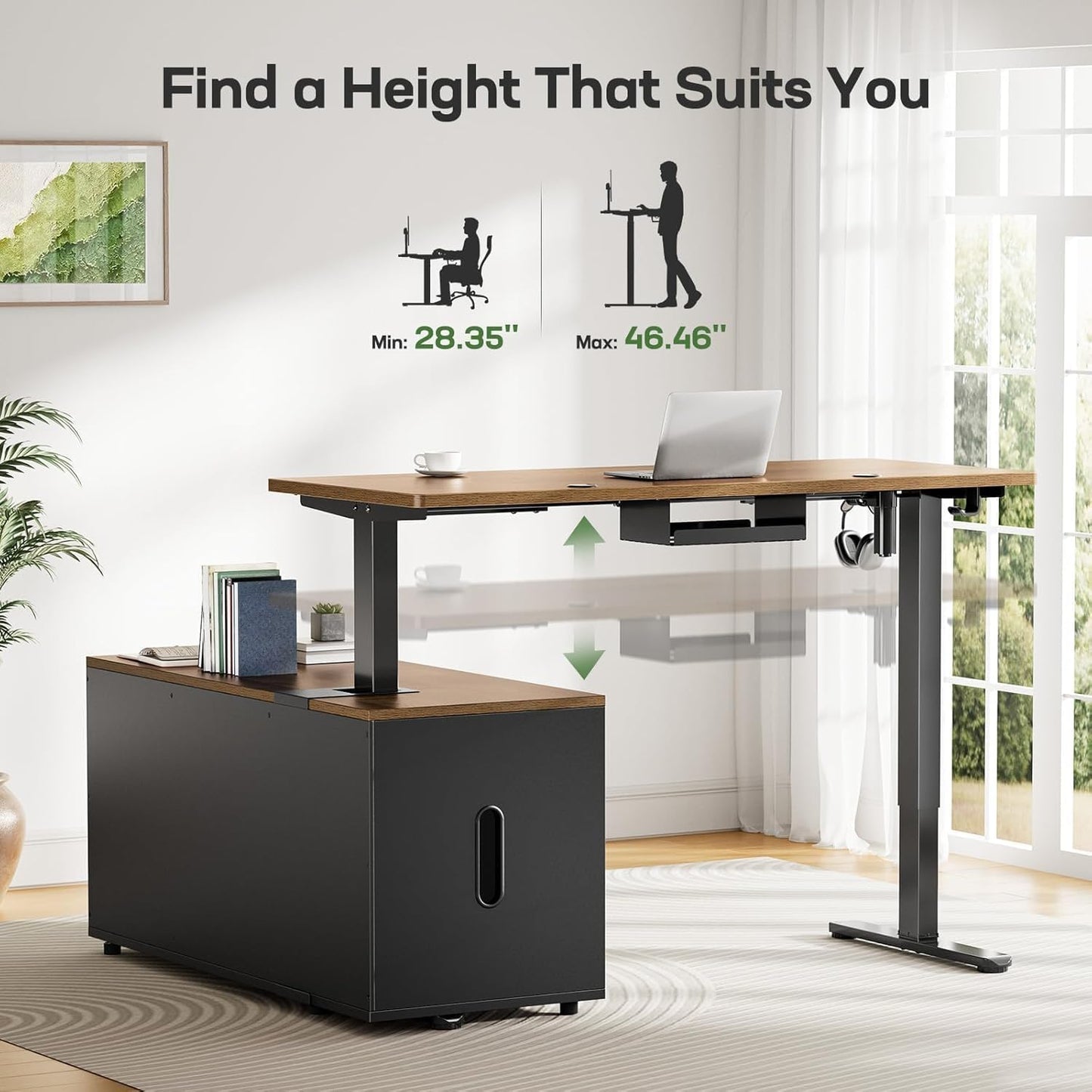 Marsail L-Shaped Executive Standing Desk with File Cabinet, 55" x 24" Electric Height Adjustable Stand up Desk, One-Whole Piece Desktop, Home Office Modern Computer Desk with 4 Memory Presets