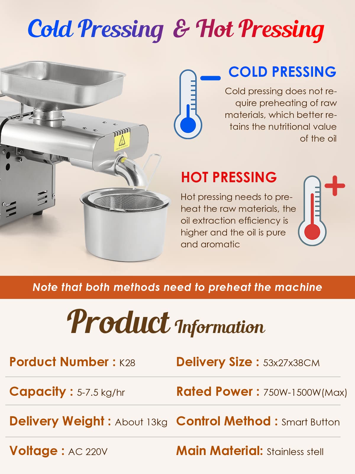 CGOLDENWALL Upgraded Oil Press Machine Oil Presser Hot Cold Oil Extractor Expeller Intelligent Control Panel/LCD Touch Screen/Food Grade Stainless Steel/Built-in Thrust Bearing (220V EU/UK/AU Plug)