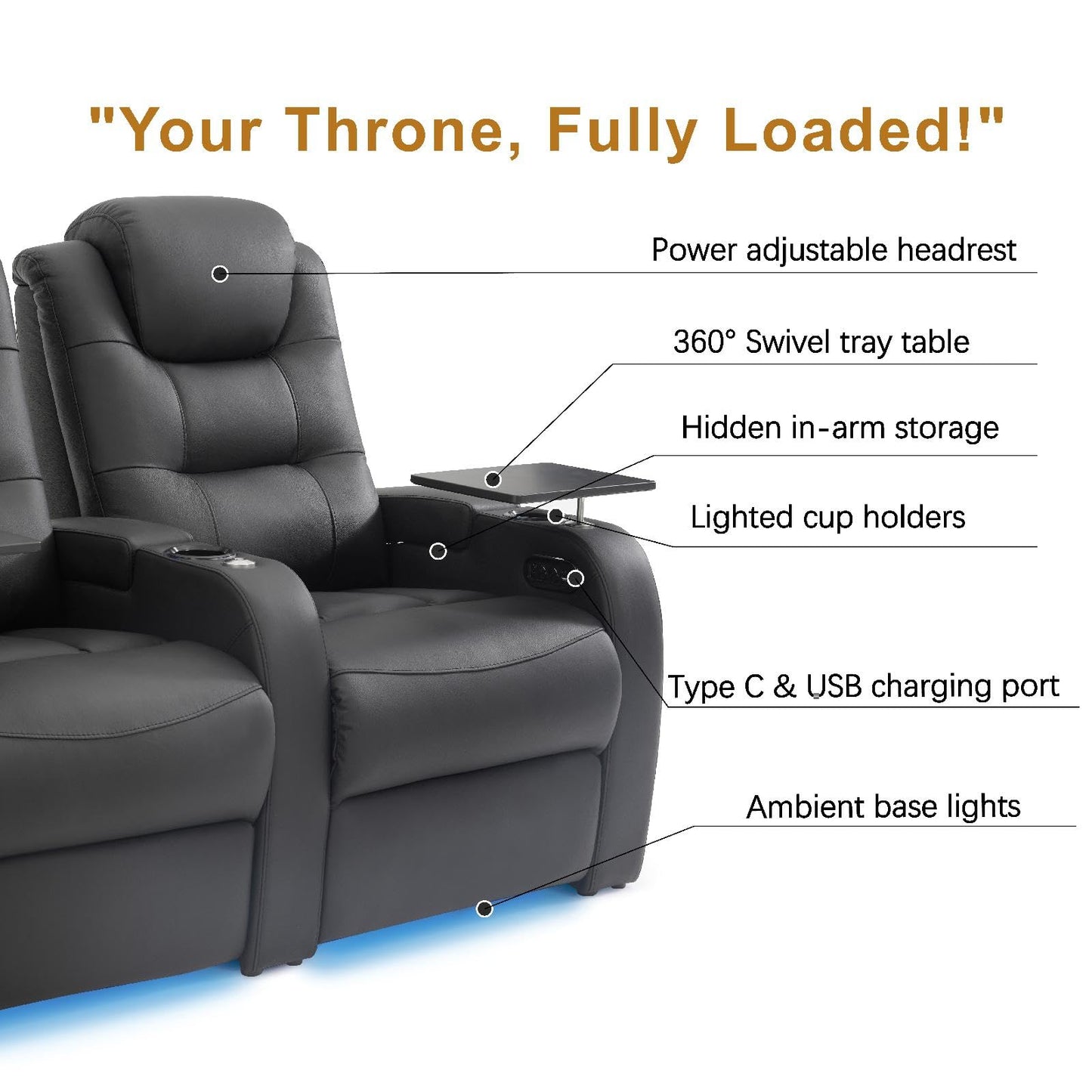 comfiroom Top Grain Leather Home Theater Seating Seats, Simple Style Dual Power Gaming Sofa Top Grain Leather Movie Theater Chairs Recliner Sofa with Type-C USB Charger (Black, Row of 2)