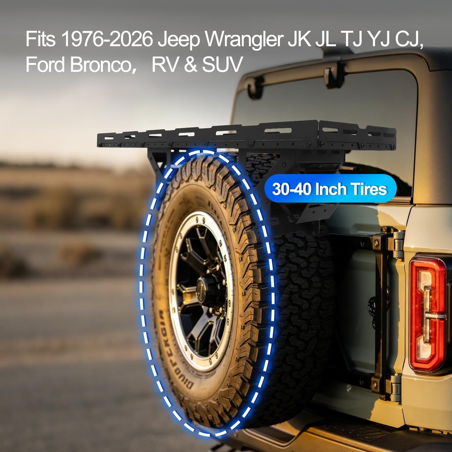 Spare Tire Utility Cargo Basket Storage Rack，for 30-40 Inch Tires，80 LBS Load Capacity, No-Drill Installation, Fit for 1976-2026 Jeep Wrangler JK JL TJ YJ CJ, Ford Bronco, RV & SUV Camping Gear Mount