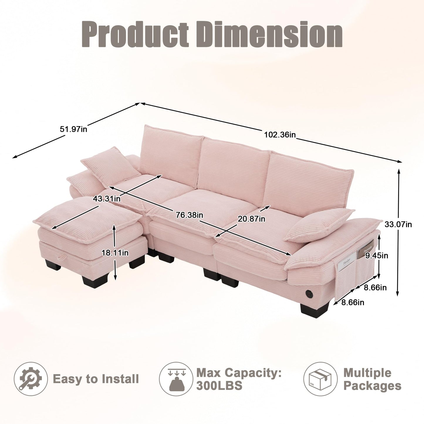 102" Oversized Cloud Modular Sectional Sofa with Movable Ottoman, Free Combination Convertible L Shaped Corner Couch Sets,Comfy Corduroy Upholstered Pink Sofa & Couch for Living Room