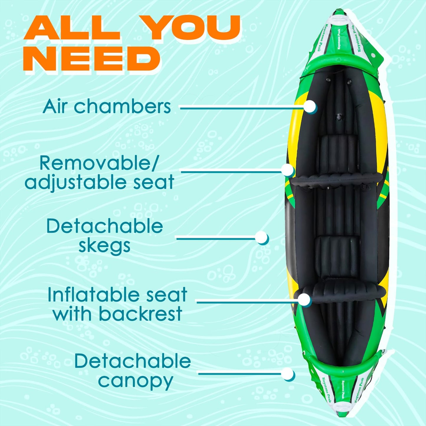 Keystone Peak Inflatable Kayak 2 Person with Detachable Sun Canopy – Heavy-Duty Tandem Kayak for Adults – Reinforced Paddles, Waterproof Phone Bags, Adjustable Seats, Extra Seat for Dog or Child