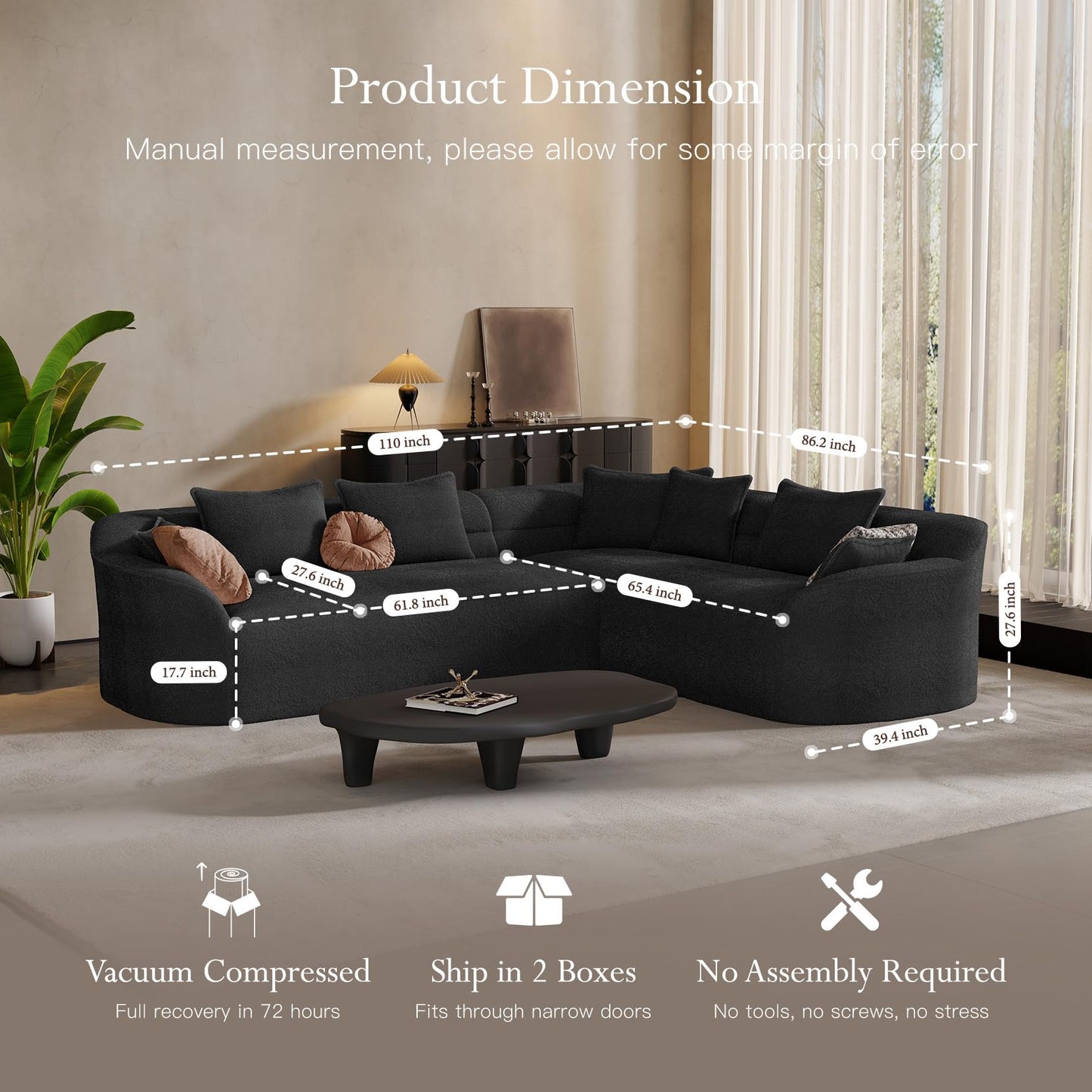 Vesgantti 110" Modern Curved Sectional Sofa, Oversized Chenille Cloud Couch for Living Room, Comfy Luxury L-Shaped Boneless Sofa with Extra Deep Seat, Tool-Free Assembly, Black