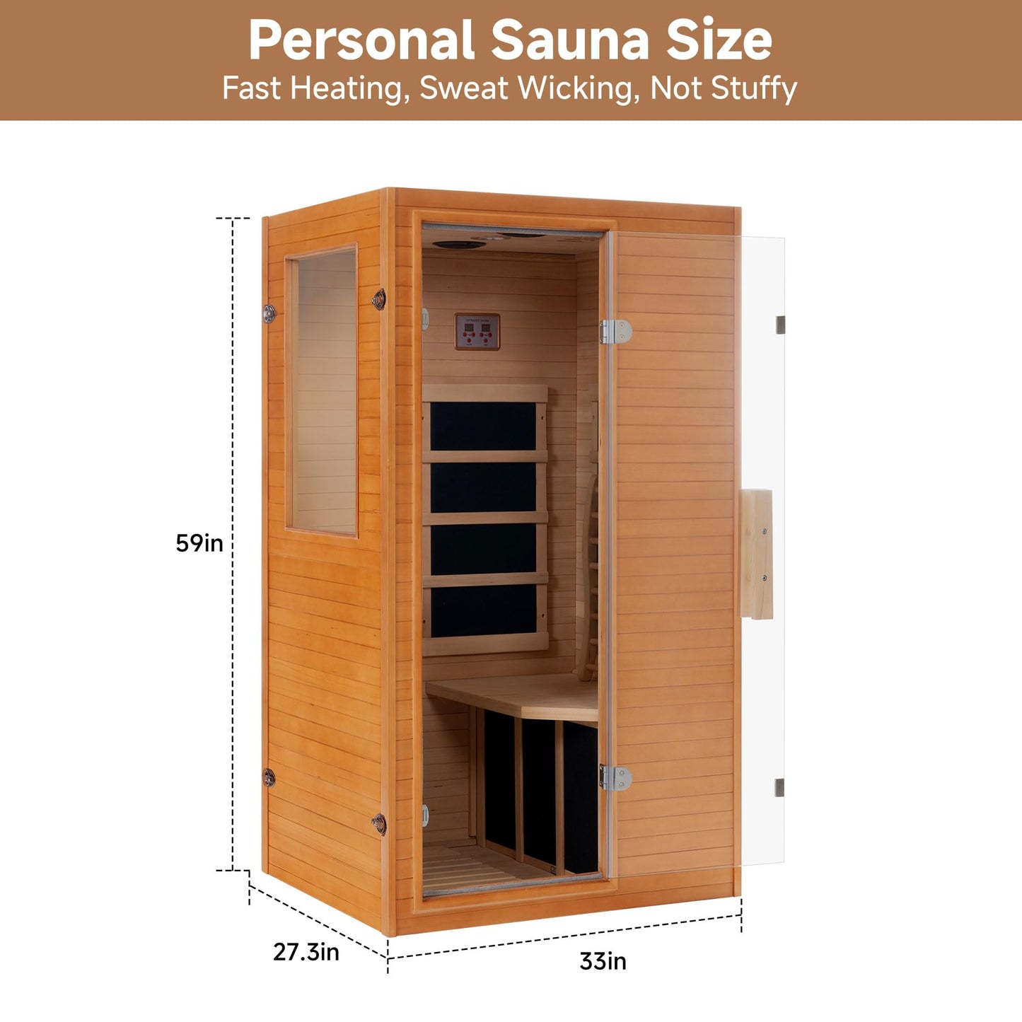 springspa Infrared Sauna Home Sauna, Indoor Far Infrared Saunas for Home, 1 Person Canadian Hemlock Wooden Spa Room, 950w 120v with Control Panel, 33 * 27.3 * 59 inch