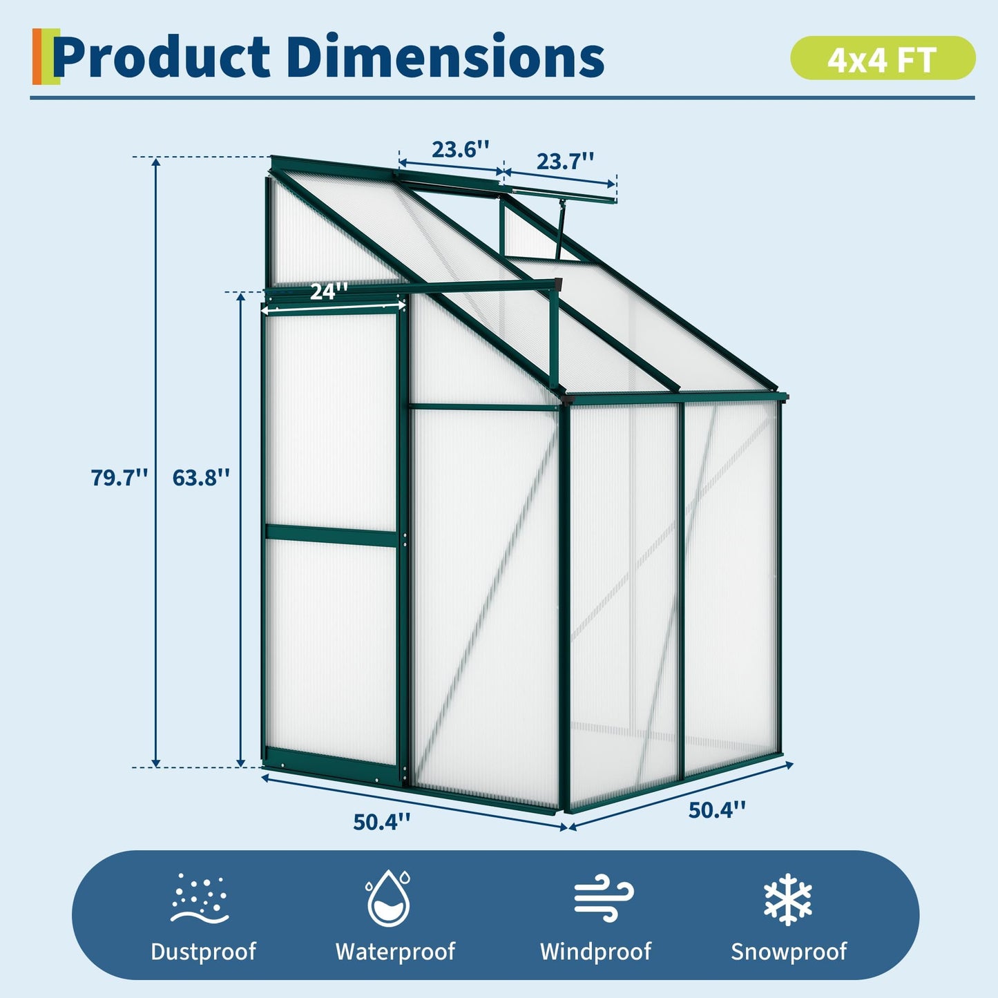4x4 ft Lean-to Walk-in Polycarbonate Greenhouse,Greenhouse Kit,Lean-to Greenhouse for Outdoors,Portable Wall-Mounted Outdoor Green House with Sliding Door,Adjustable Roof Vent & Rain Gutter