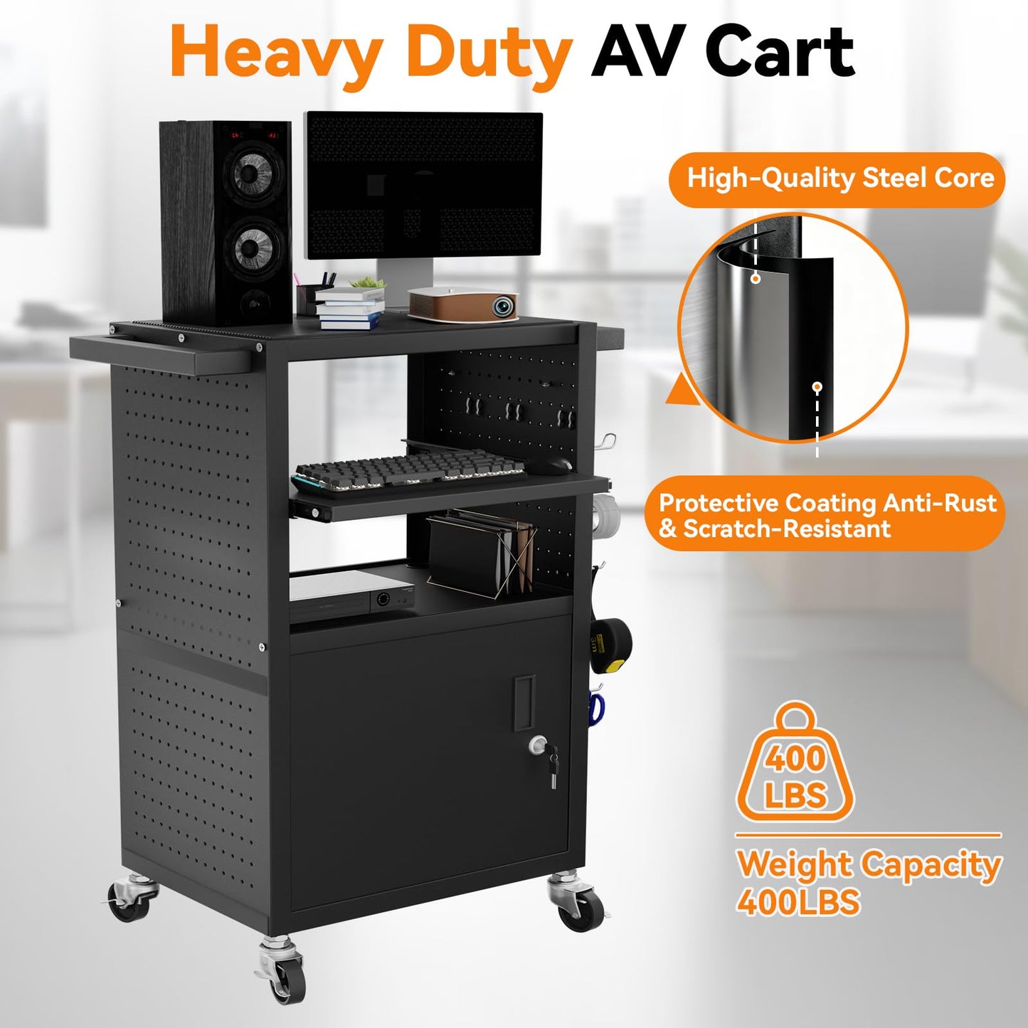 Jasdego Mobile AV Cart - Heavy Duty Computer Cart with Cabinet, Rolling Media Cart with 4 Outlets & Pullout Keyboard Tray, Lock Brake Wheels Mobile Computer Workstation, Customized Pegboard & Hooks