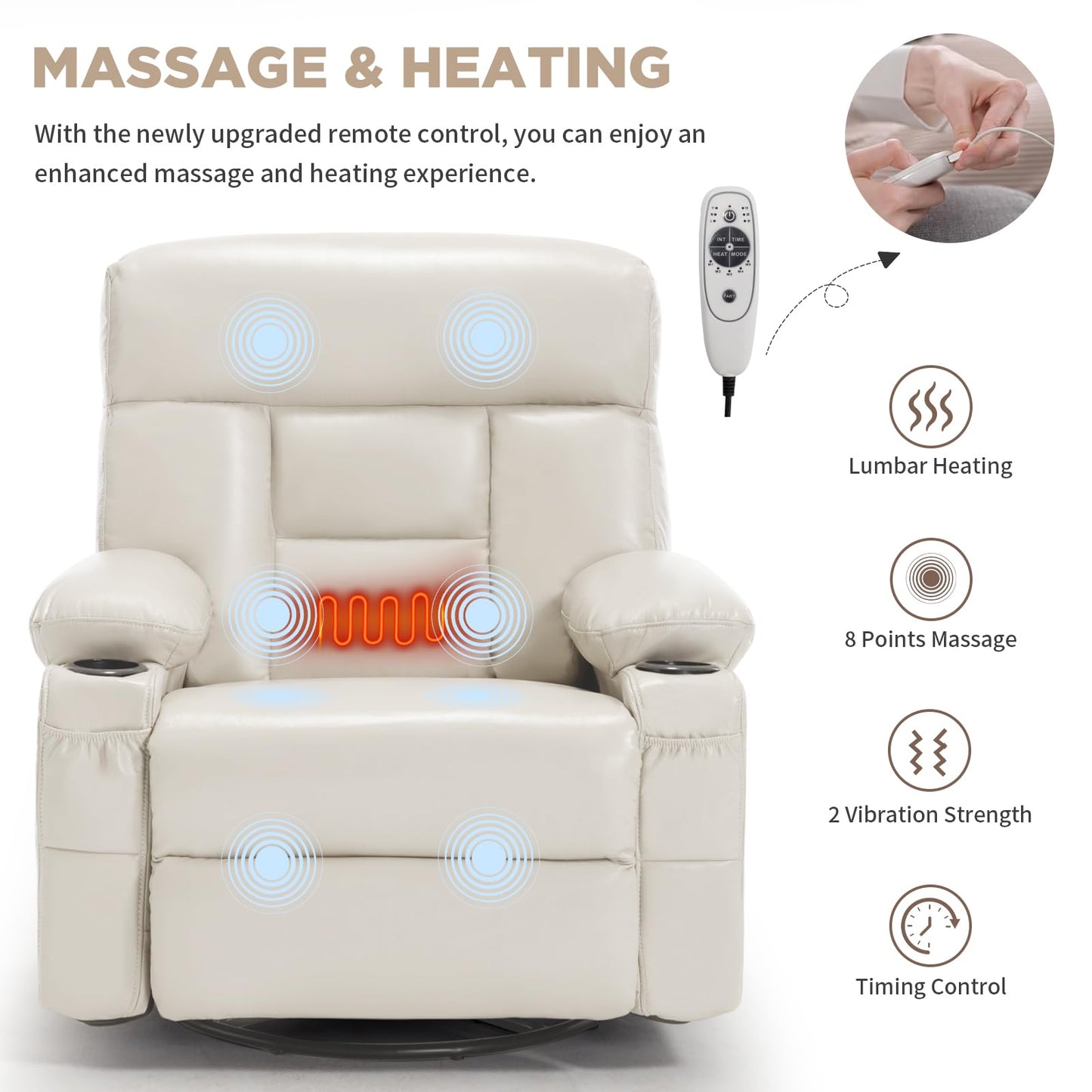 Comermax Rocking Recliner with Heat and Massage, Wide Seat Heated Massaging Reclining Chair for Home Theater, Faux Leather Manual Swivel Rocker Recliner Chair with Cup Holder for Adult, Beige