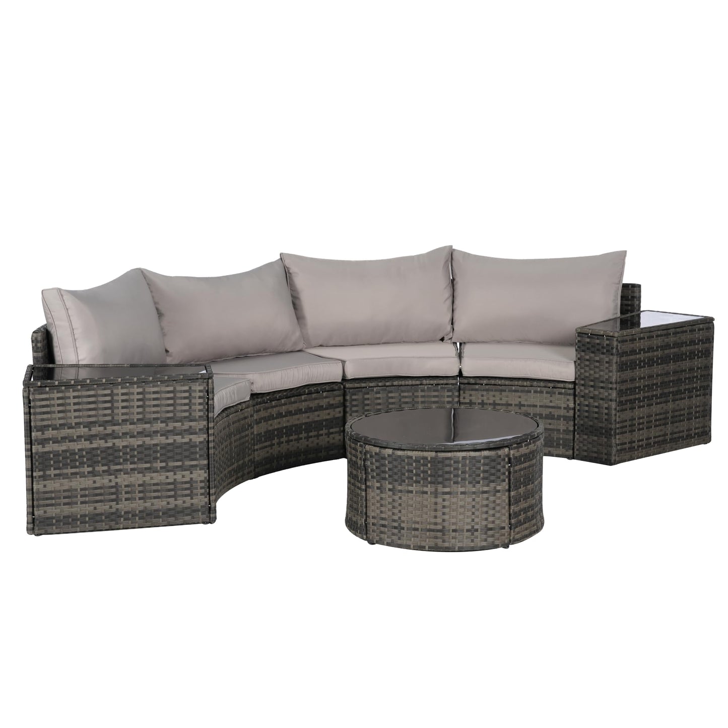 KEIKI Outdoor Patio Furniture 7-Piece Half-Moon Curved Sectional Sofa Set, All-Weather Wicker Patio Conversation Set with Round Coffee Table and 2 Storage Armrests for Poolside Backyard, Light Gray
