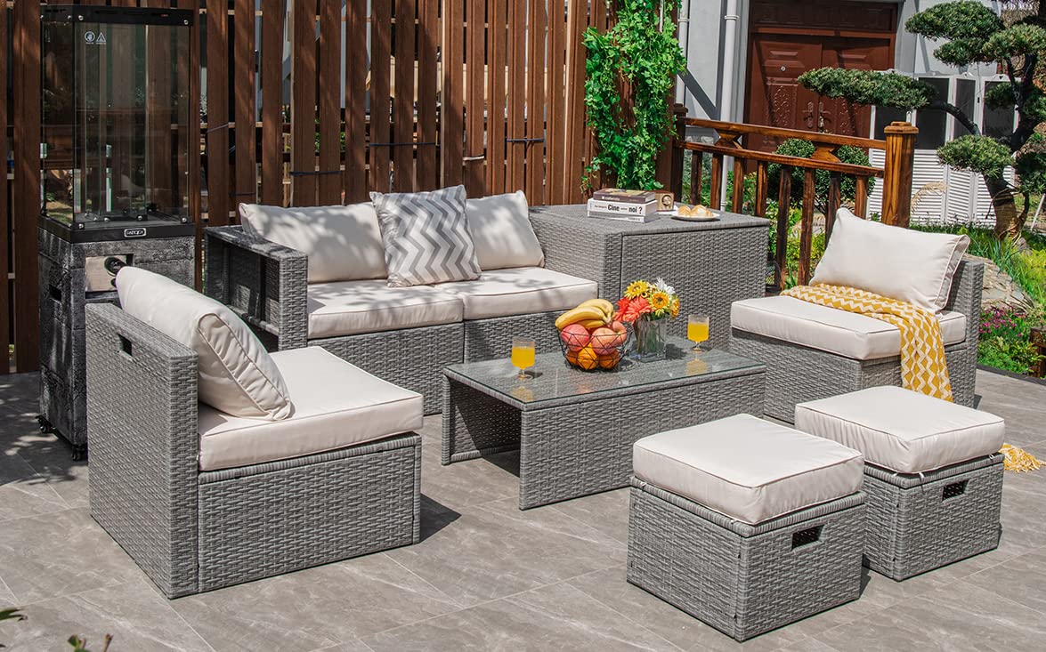 Tangkula 8 Piece Patio Wicker Furniture Set, Patiojoy Space Saving Outdoor PE Rattan Conversation Set with Storage Box & Waterproof Cover, Coffee Table, 2 Ottomans, 2 Armless Sofas & 2 Corner Sofas