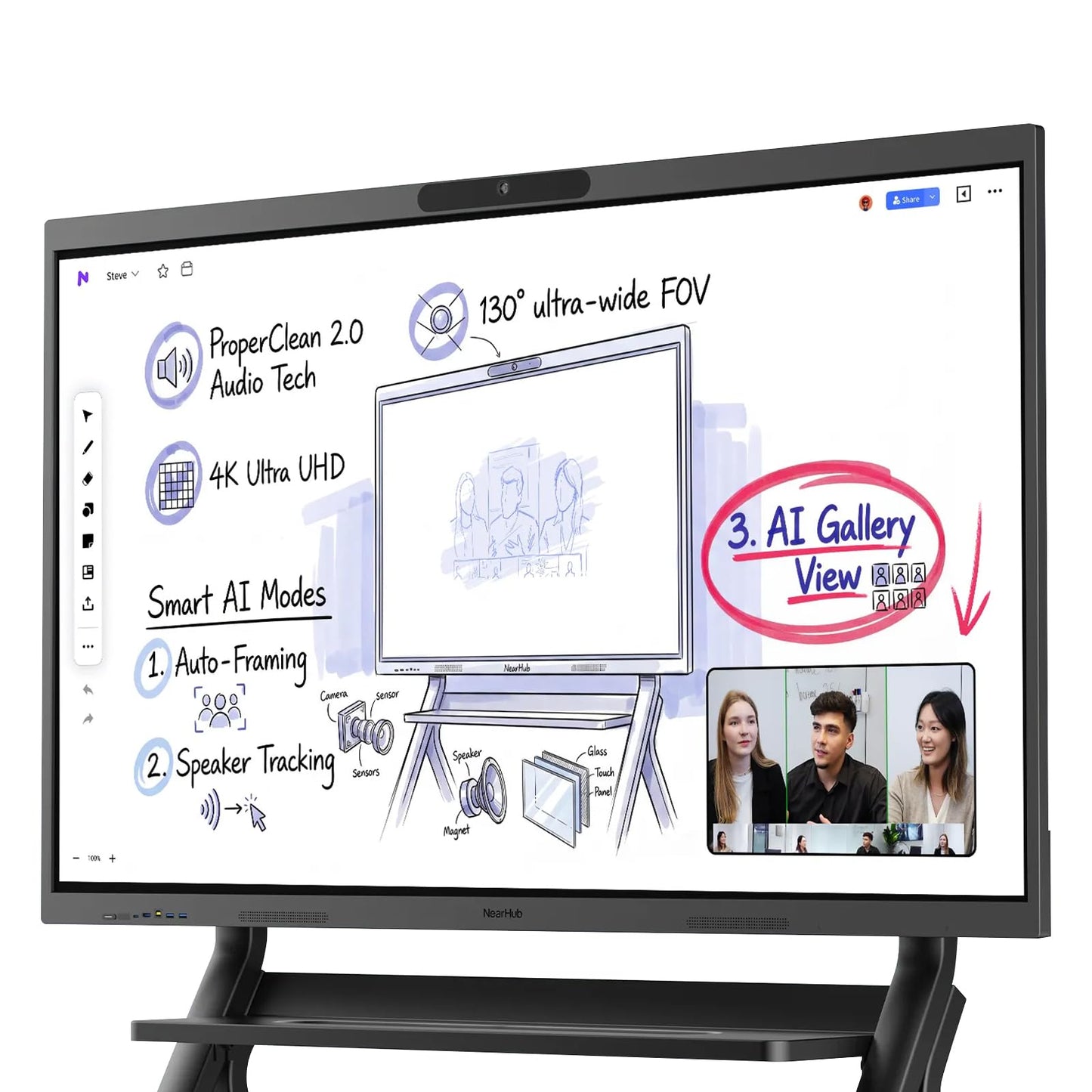 NearHub S Max Smart Whiteboard 55" 16GB+256GB 40 Points| All-in-One Windows 11 Pro Interactive Whiteboard 4K| Built-in 130° Ultra-Wide 4k Camera & 8-Mic Array | Native Zoom Rooms & MicrosoftTeams