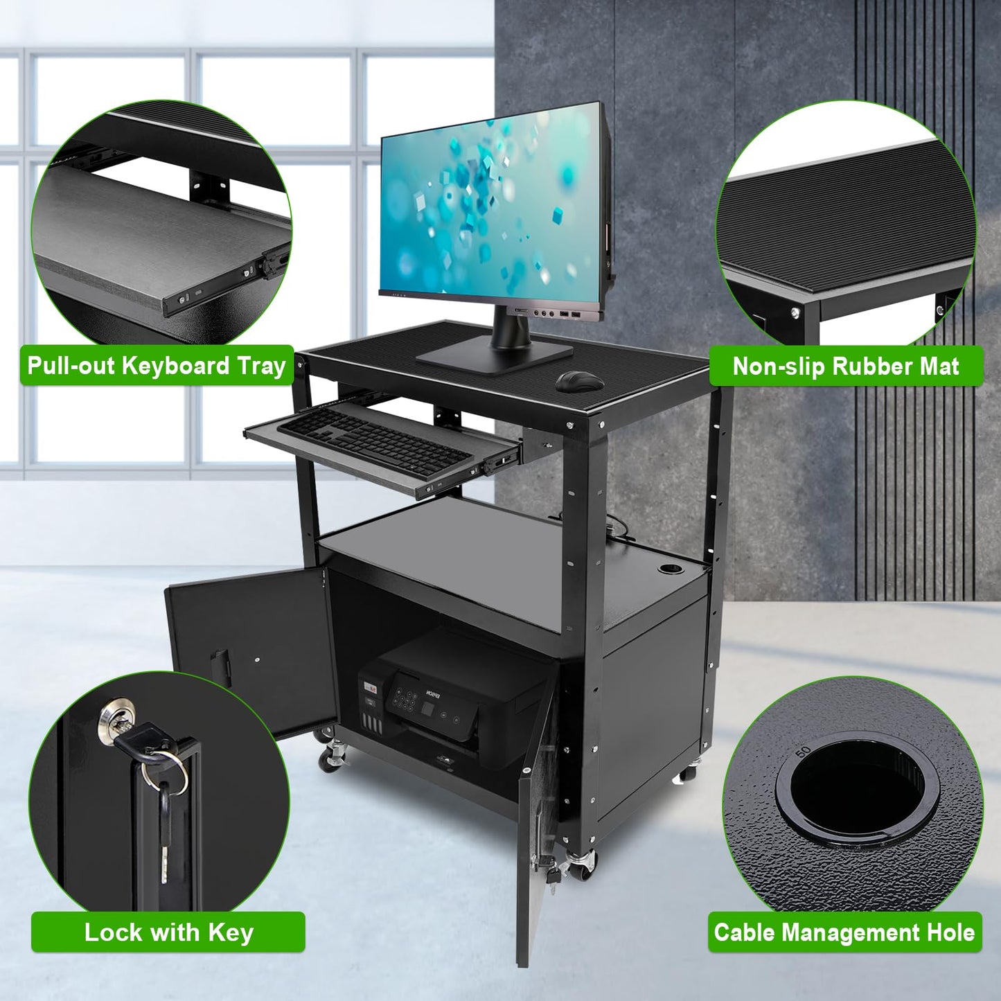 HONYTA AV Cart, Computer Steel Carts with Wheels and Power, Height Adjustable Rolling AV Carts with Locking Cabinet & Pullout Keyboard Tray, Projector Cart for School Office, 18”X 30.8”X 42”, Black