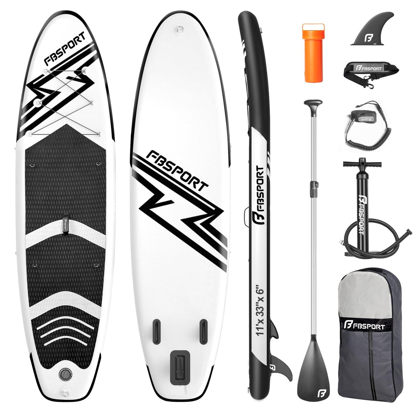 FBSPORT 11' Premium Stand Up Paddle Board, Yoga Board with SUP Accessories & Carry Bag | Wide Stance, Surf Control, Non-Slip Deck, Leash, Paddle and Pump for Youth & Adult (Black White)
