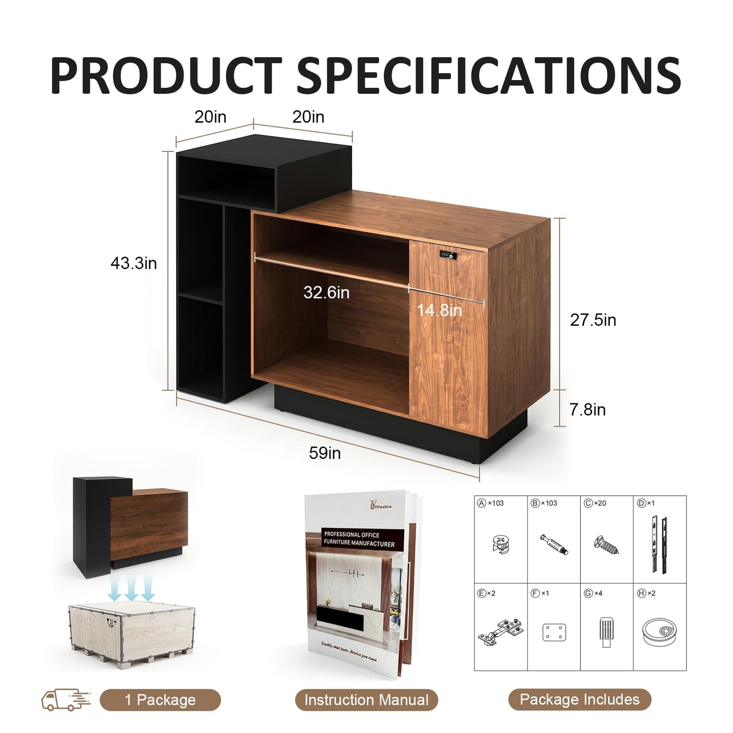 YTElantivo Reception Desk with Counter, Built with 1 Inch Thick Panels, Lockable Drawer, Adjustable Shelves & Reversible Design