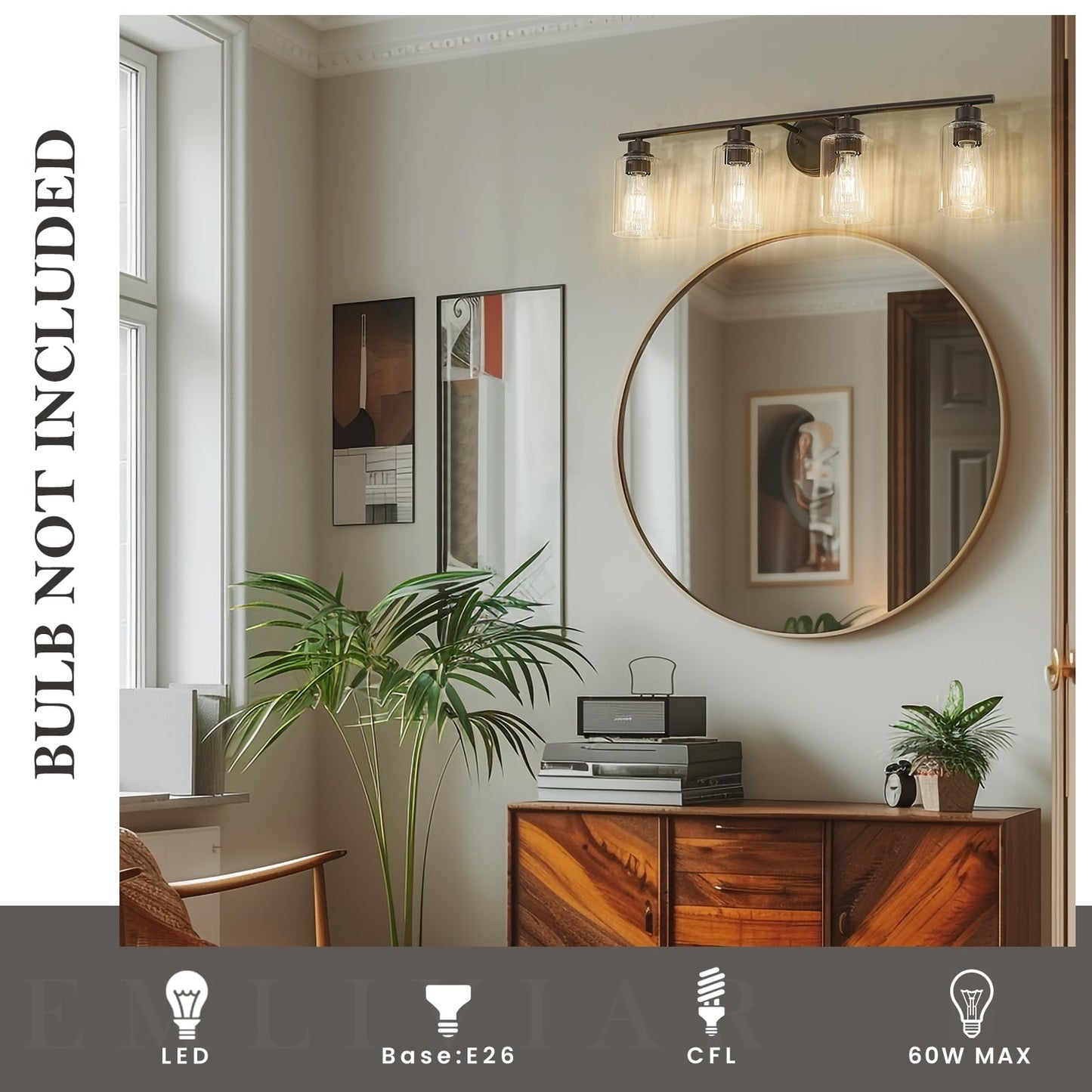 Emliviar 4-Light Vanity Light Fixture, 31 Inch, Fluted Ripple Glass Shade, Oil Rubbed Bronze Finish, Model YE295B