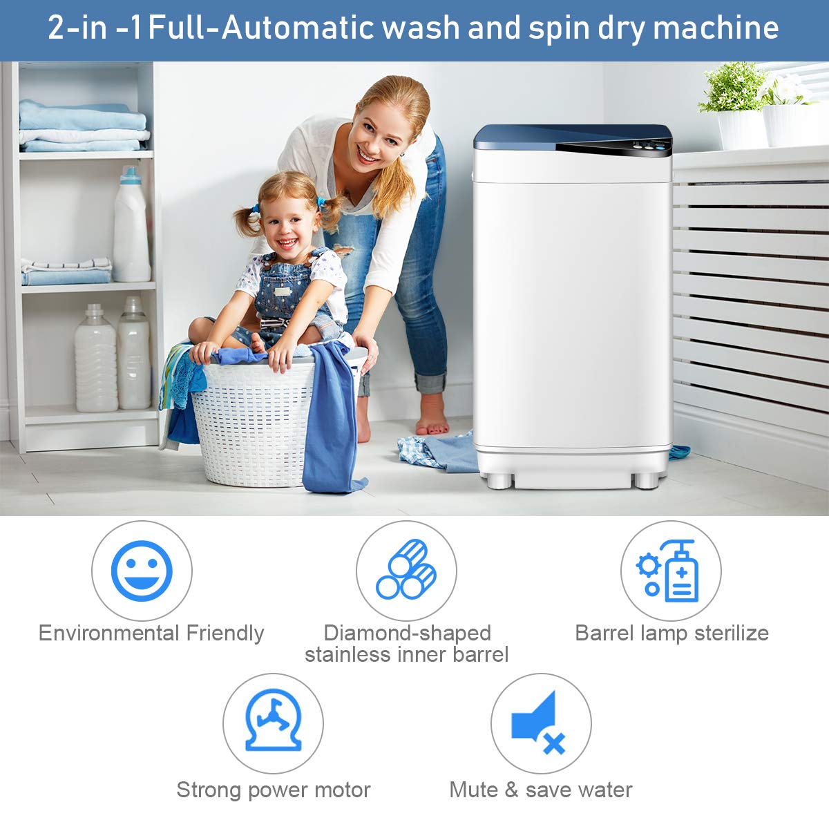 Waterjoy Portable Washing Machines, 7.7 lbs Load Capacity Portable Washer and Dryer Combo with Built-in Barrel Light & LED Display for Household and Apartment （Blue）