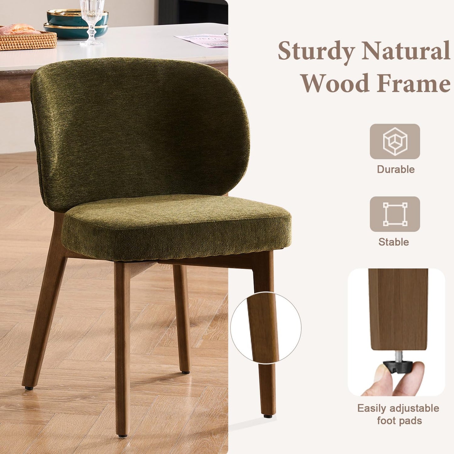 YOUNUOKE Upholstered Dining Chair, Modern Chenille Fabric Dining Room Chair with Wood Legs, Widen Backrest Comfy Side Kitchen Chairs, Green (Single Pack)