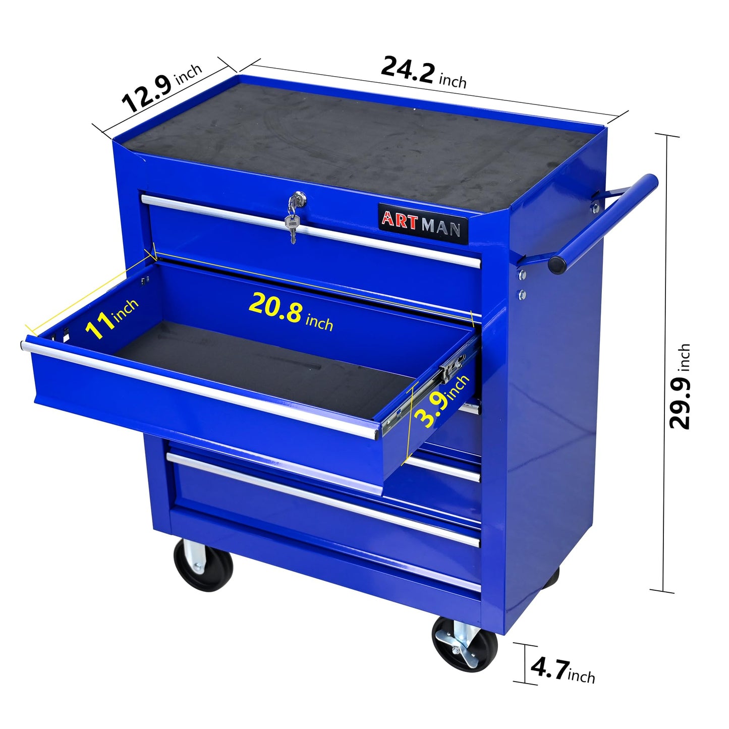 YOPTO Multifunctional Cart with 5 Ball-Bearing Drawers,Portable Rolling Tool Chest W/ 4 Wheels,Key Locking and Pull Handle,for Garage,Warehouse,Workshop,Repair Shop,Blue