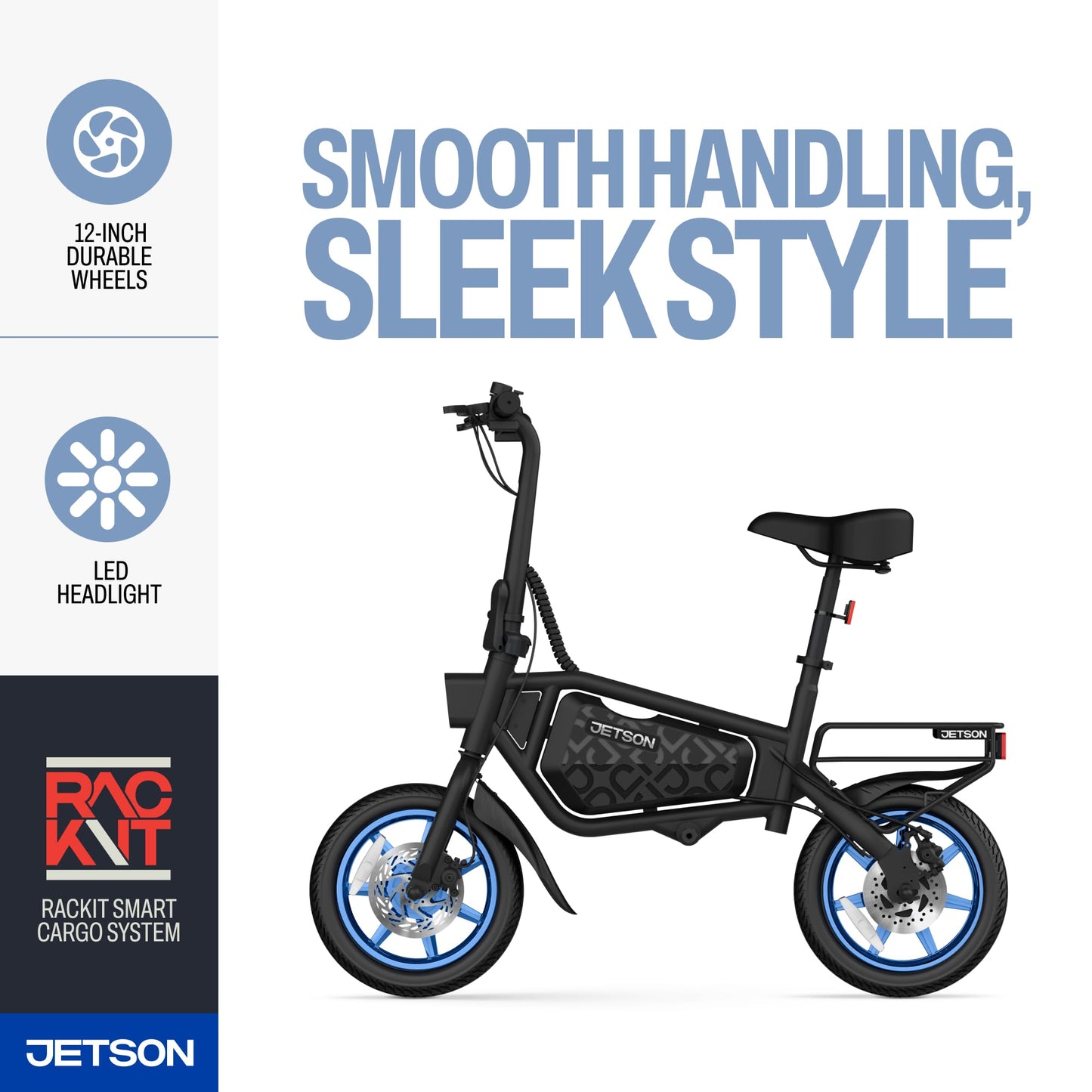 Jetson Bolt X Electric Bike, Foot Pegs, Easy-Folding, Built-in Carrying Handle, Rear Cargo Rack, Twist Throttle, Cruise Control, Up to 15.5 MPH, Range Up to 15 Miles, Ages 12+, Black, JBOLTX-BLK