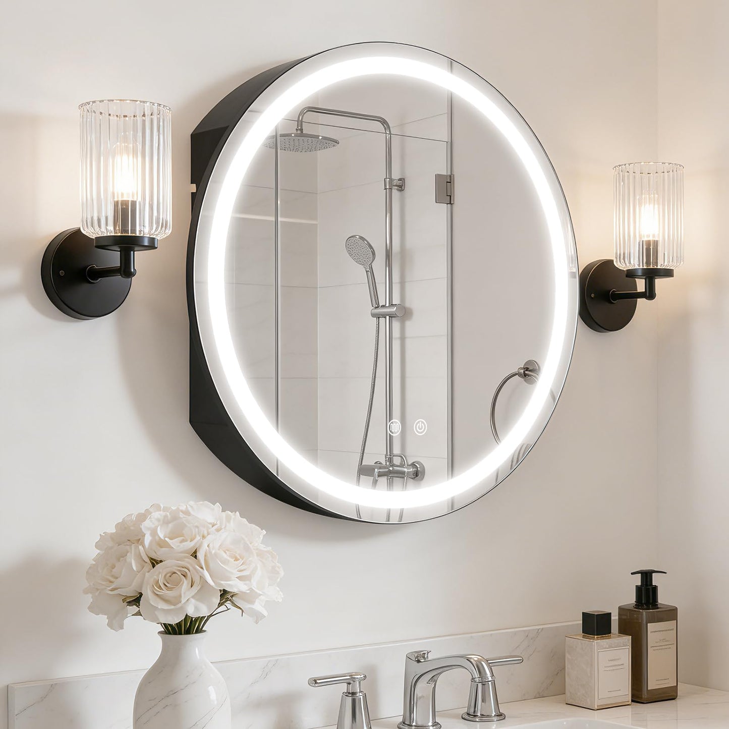 WallBeyond 24 in Round LED Medicine Cabinet with Mirror, Black Bathroom Cabinet with Storage, 3 Color Stepless Dimmable Lights, Anti-Fog, Memory Function, Hardwired, Surface Mount