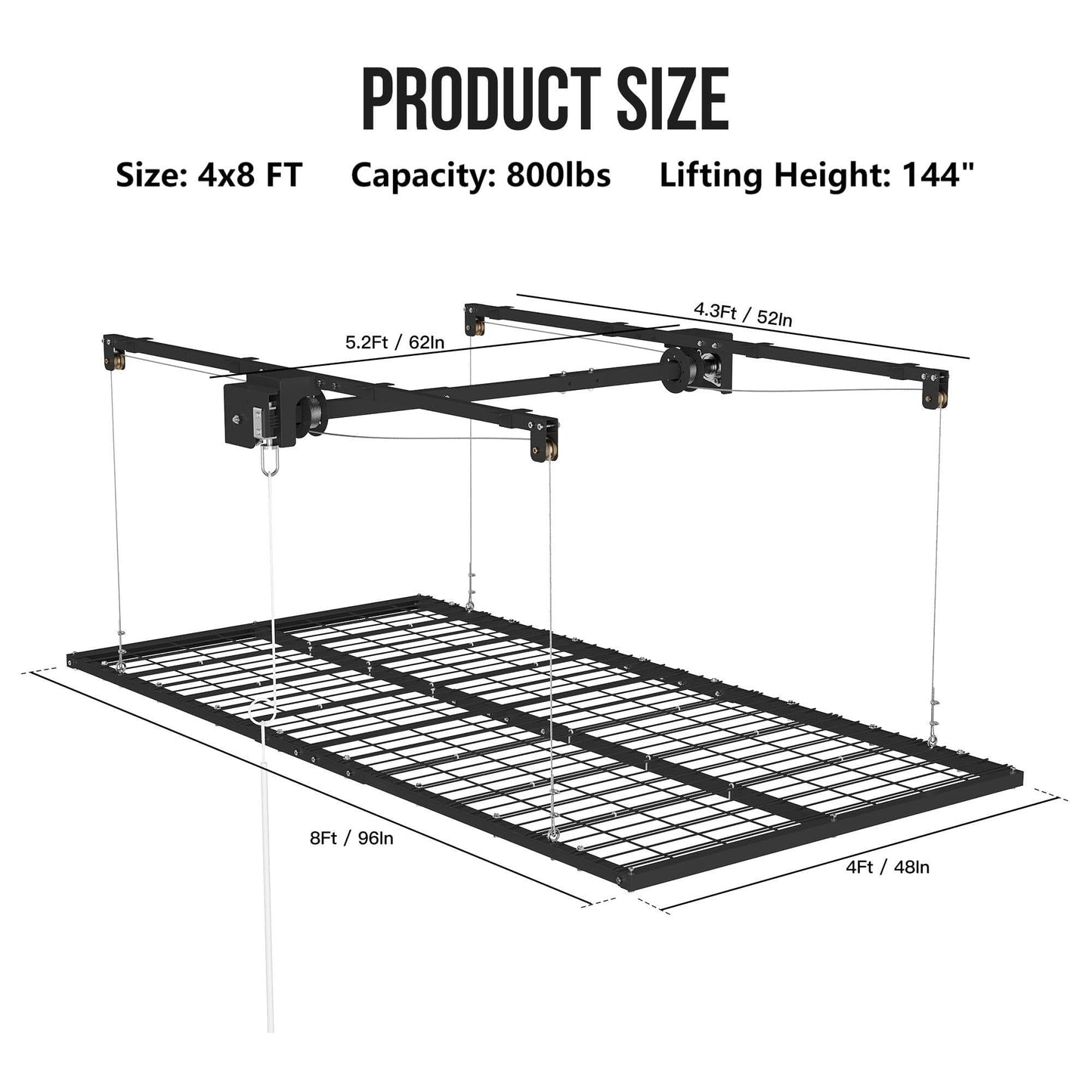 ExploreHorizon 4x8 FT Overhead Garage Lifting Storage Rack, 800 lbs Capacity & 12FT Lifting, Heavy-Duty Metal Garage Ceiling Rack, Dual Mode Lifting, Adjustable Storage System with Safety Lock