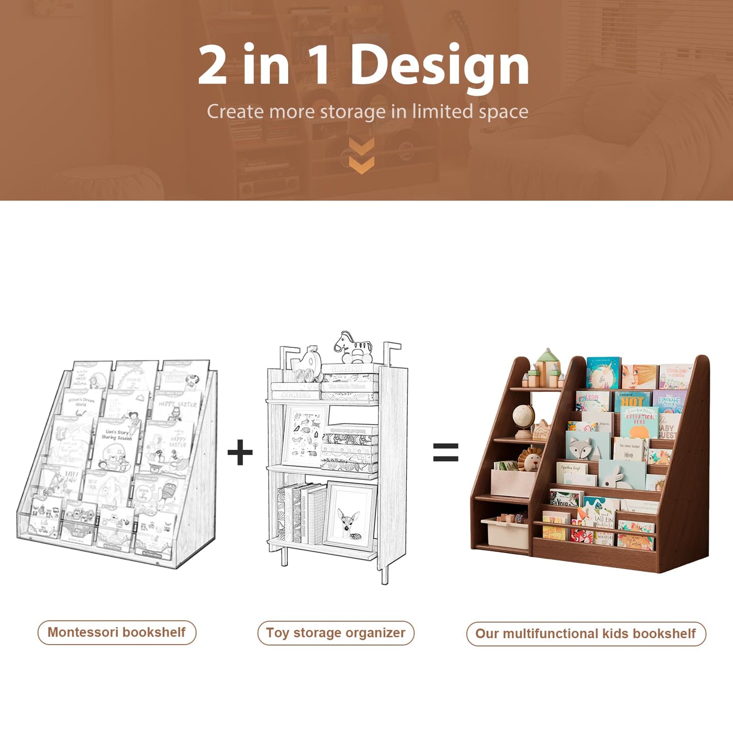 DONGMUWUJEE Solid Wood Kids Bookshelf and Storage Organizer, 7 Layer Children Bookcase, Baby Toddler Wooden Book Shelf, Display Cabinet for Playroom, Bedroom, Classroom, Nursery, School, Walnut