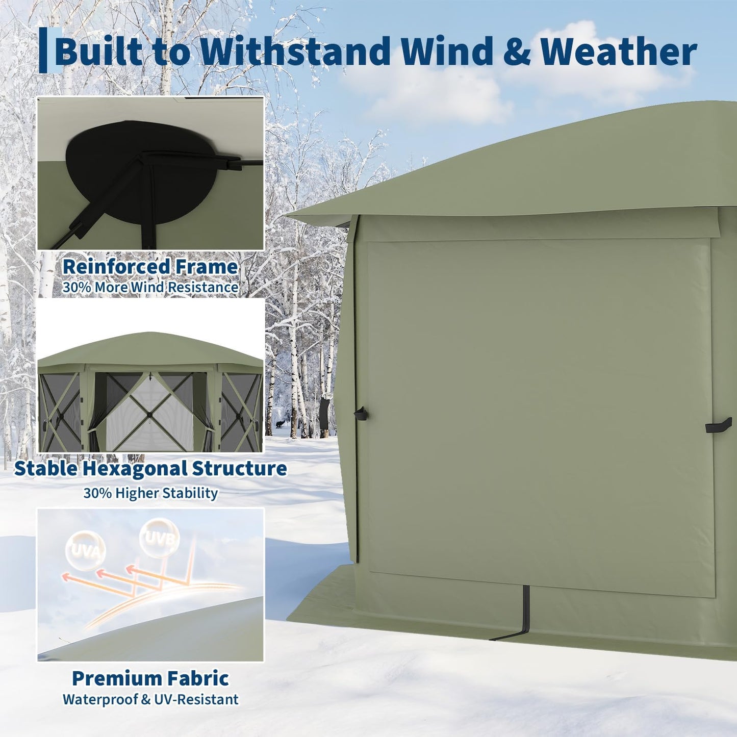 GarveeLife 11.5x11.5FT 6-Sided Pop Up Gazebo Tent，One-Push Setup Canopy Tent with Mesh Panels & Removable Wind Cloths, Outdoor shelter for Camping, Backyard Parties, Outdoor Events - Army Green