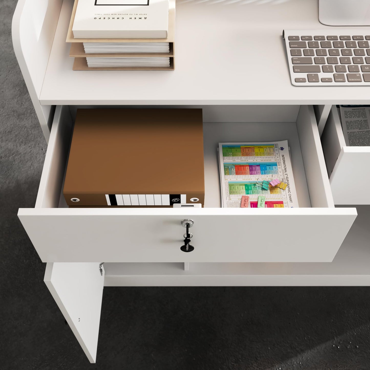 AIEGLE Reception Desk with Counter & Pegboard, Modern Retail Checkout Counter with 2 Lockable Drawers & Adjustable Shelf, 47.2" White Reception Room Table for Salon, Lobby, Office