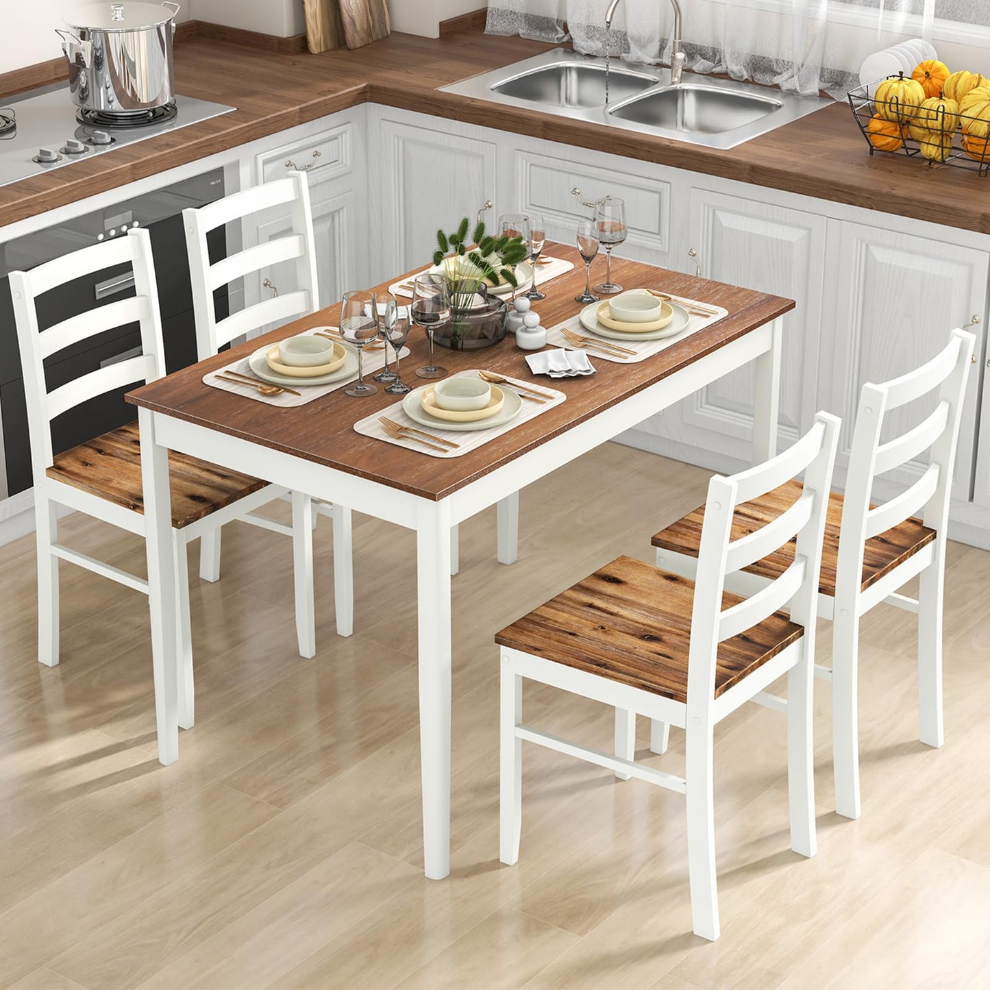 Tangkula Dining Table Set for 4, Solid Wood, Farmhouse Dinette Set w/Rubber Wood Legs, Mid-Century Modern, Compact Dining Table and Chairs Set for Kitchen, Dining Room (Brown+White)