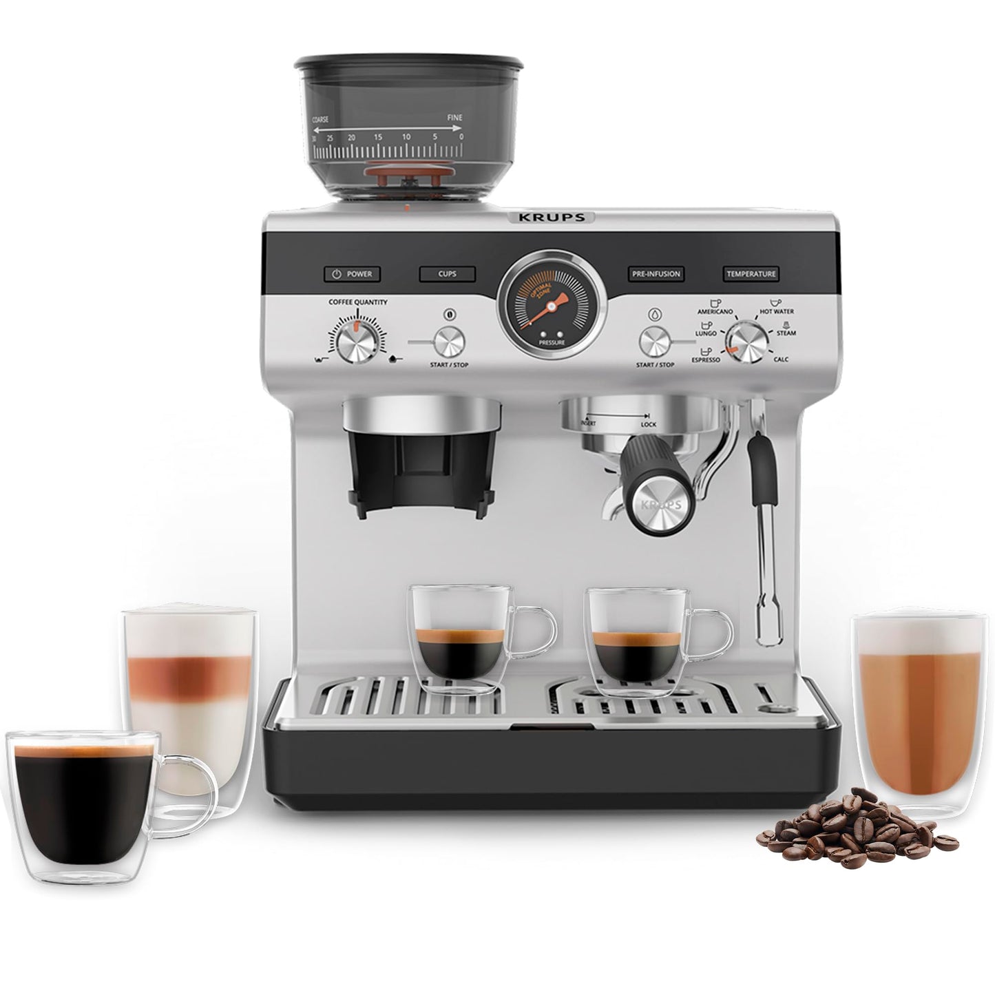 KRUPS Precision Espresso Coffee Machine with Grinder, Latte & Cappuccino Maker, Pump Pressure + Milk Frother Steam Wand, Adjustable Grind Settings for Barista-Quality Results, Stainless Steel & Black