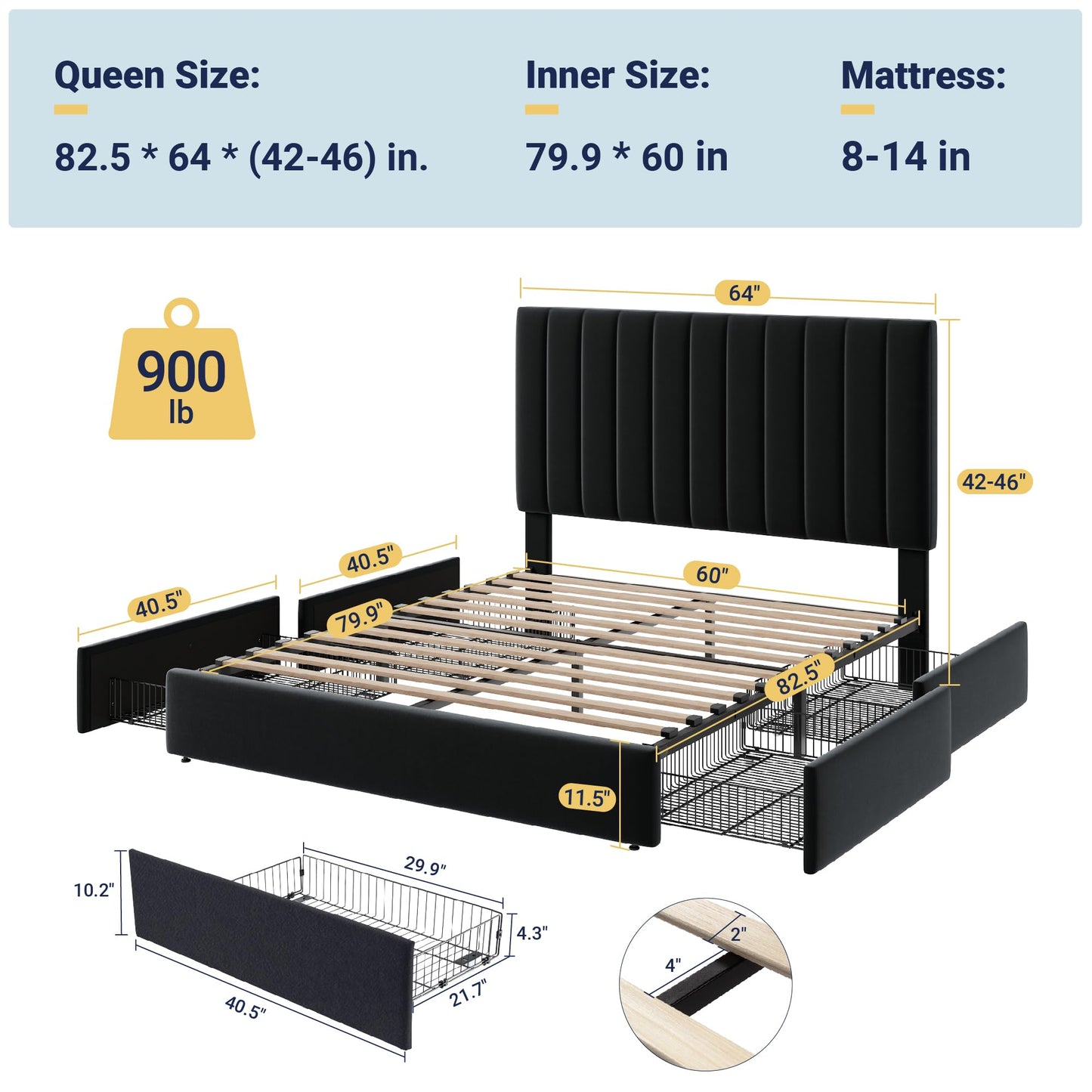 Allewie Queen Size Storage Bed Frame, Vertical Channel Tufted Adjustable Headboard, Velvet Upholstered Platform Bed with 4 Oversized Underbed Drawers, Wooden Slats Support, No Box Spring Needed, Black