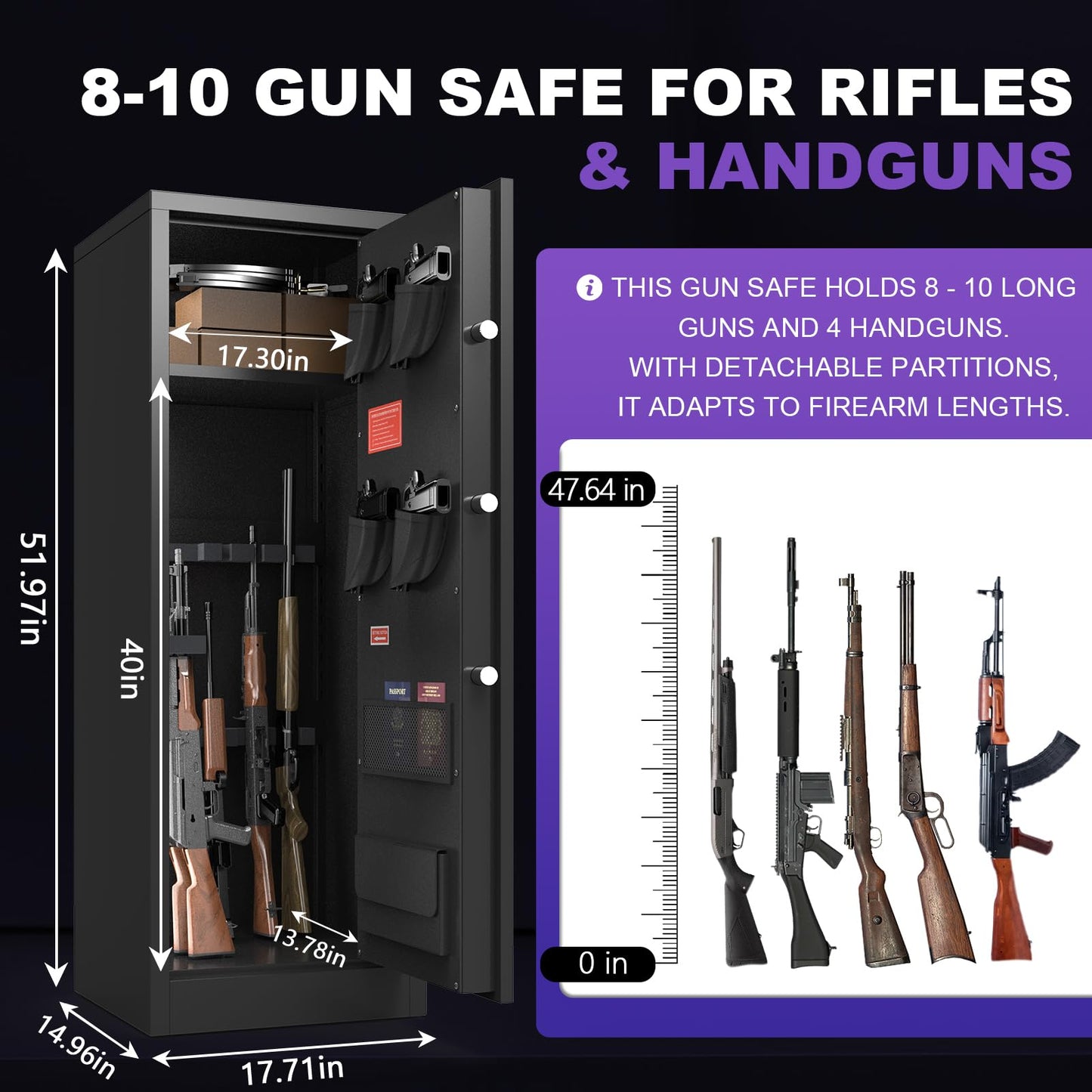 8-10 Gun Safe for Rifles and Pistols, Gun Cabinets for Rifles and Shotguns, Long Gun Safe for Home Rifle and Pistols with Dual Alarm & Mute Mode, Gun Cabinet with Quick Access and Gun Rack