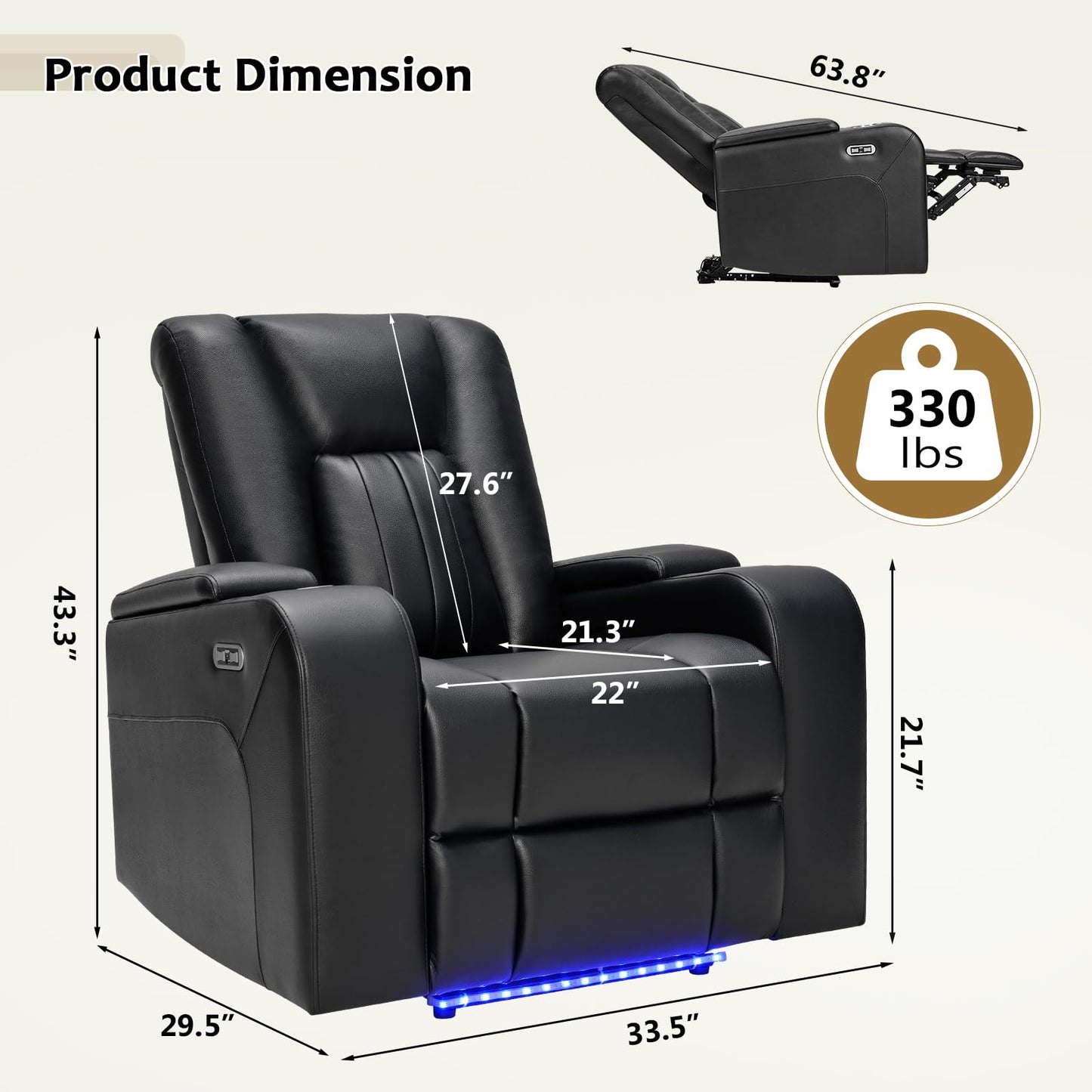 ANJ Home Theater Seating Power Recliner Chair with Hidden Arm Storage, Faux Leather Recliners with LED Light, Electric Movie Reclining Sofa with USB Ports & Cup Holders for Media Living Room, Black