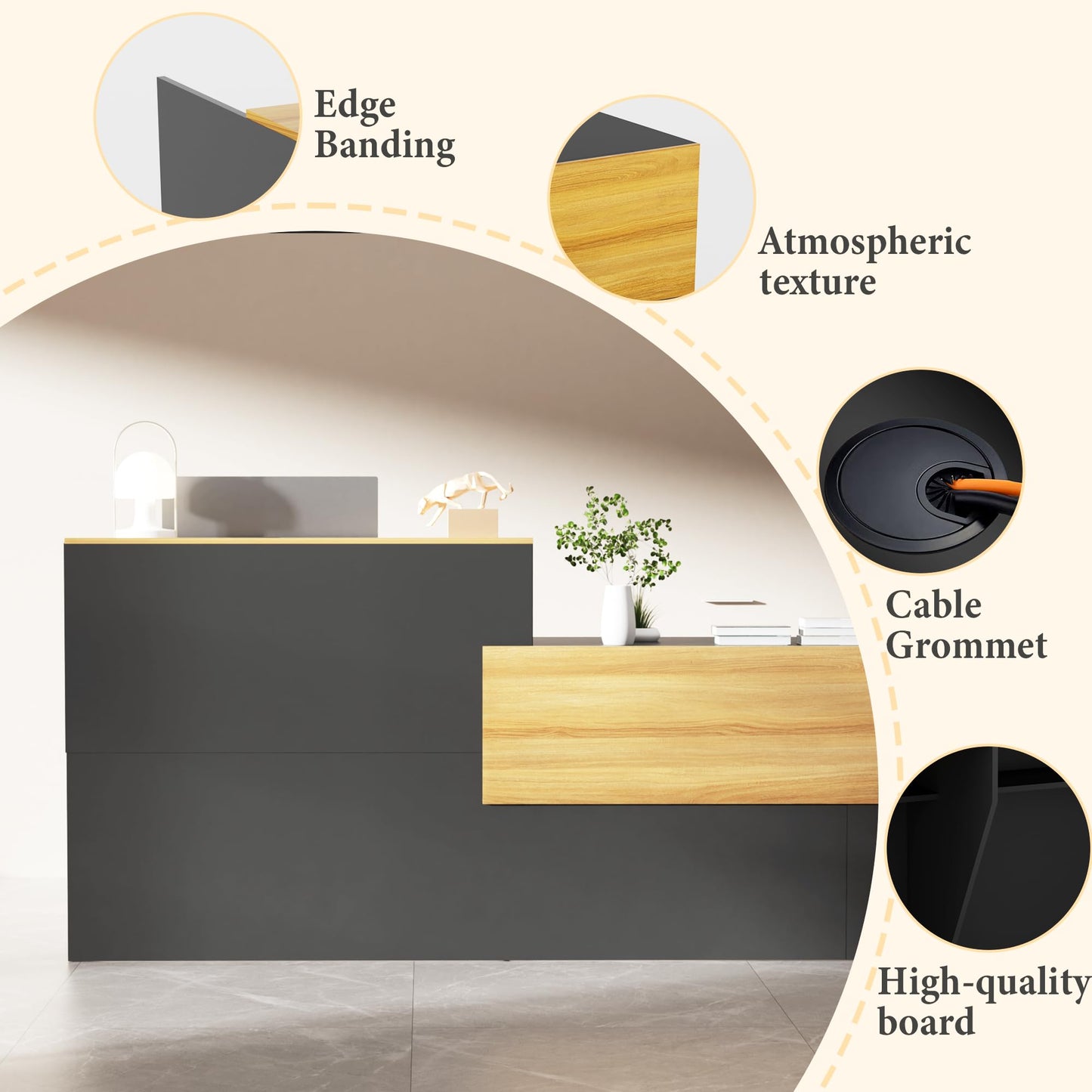 Reception Desk with Counter with Storage Shelves Modern Front Desk Large Wooden Commercial Reception Counter for Checkout, Lobby, Beauty Salon,Office,Black