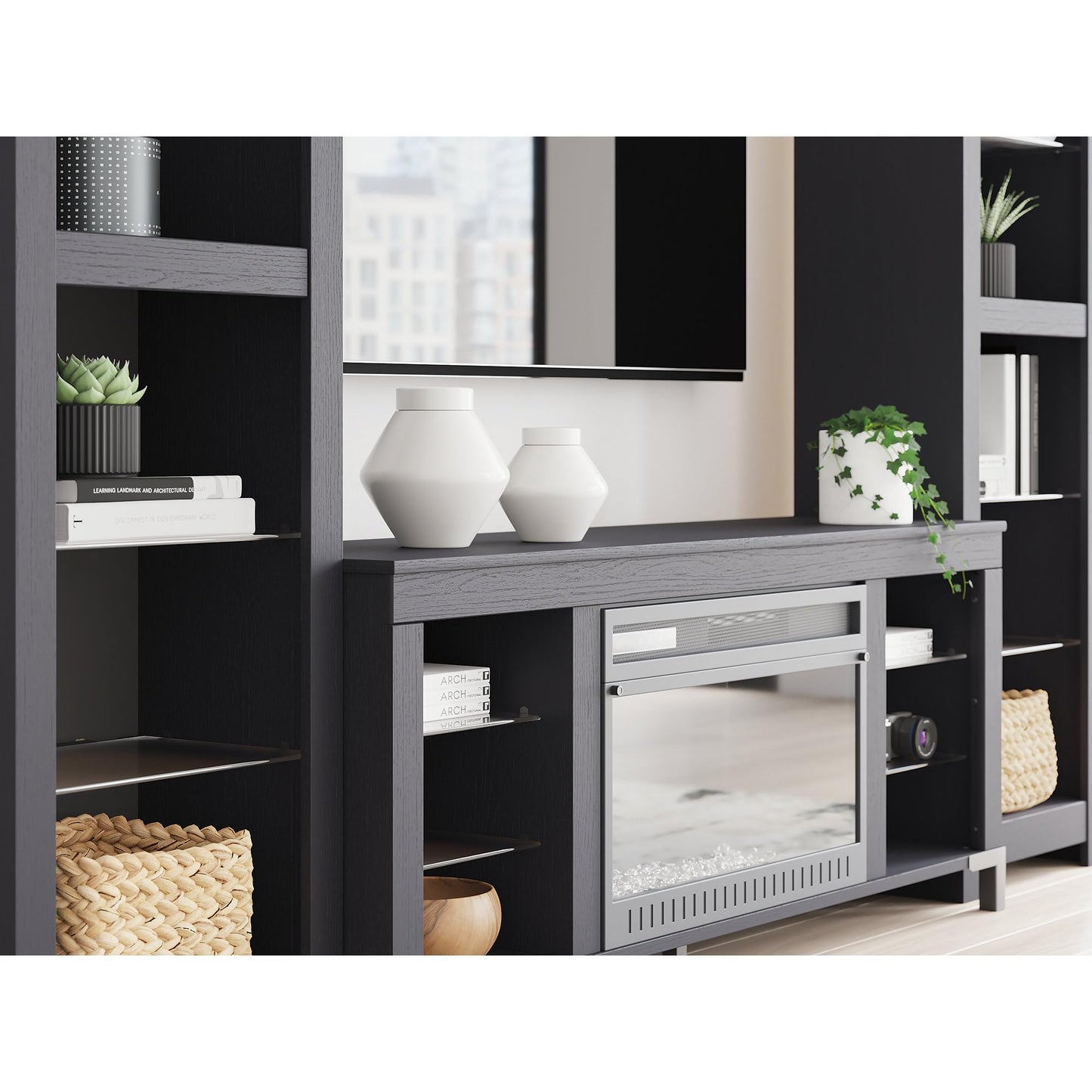 Signature Design by Ashley Cayberry Modern 3-Piece Entertainment Center with Electric Fireplace for TVs up to 68", Black