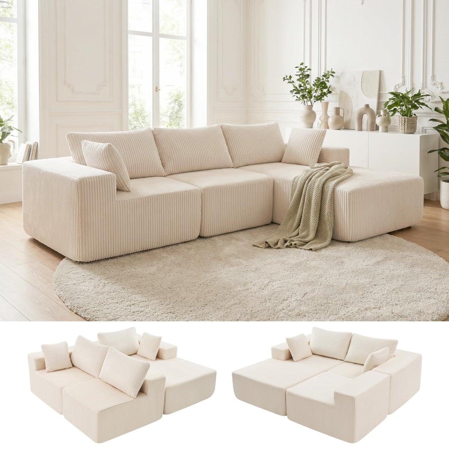 DUMOS 108" Boneless Couch, Cloud Sectional Couch with L-Shape Chaise, Modular Sectional Sofa with Deep Seat, Fluffy Couch for Living Room Bedroom, No Assembly Required, Beige, Right Facing Chaise
