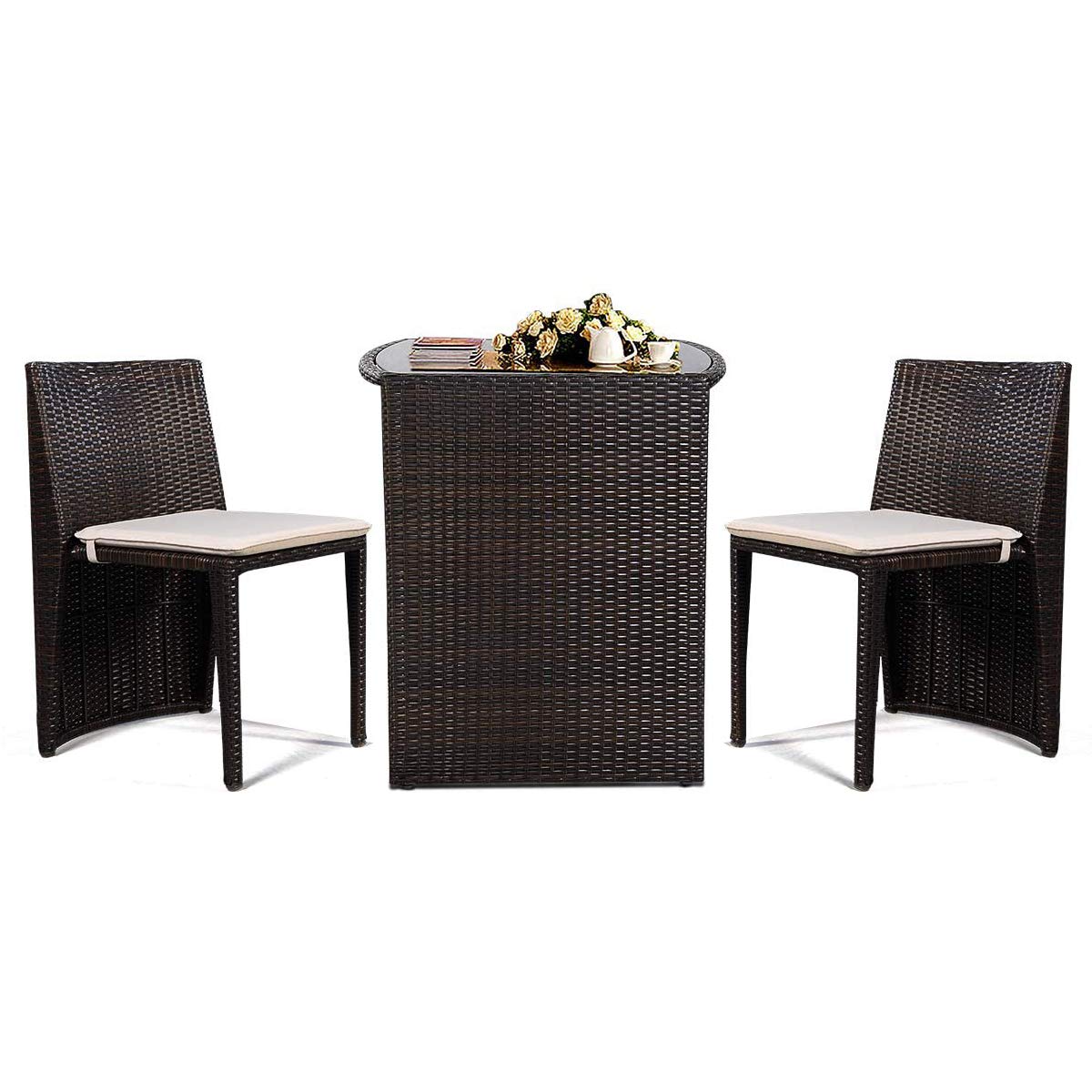 Goplus Wicker Bistro Set, 3 Piece Rattan Patio Furniture Set w/Tempered Glass Dining Table and Cushions, Conversation Bistro Sofa Set for Outdoor Patio Lawn Garden