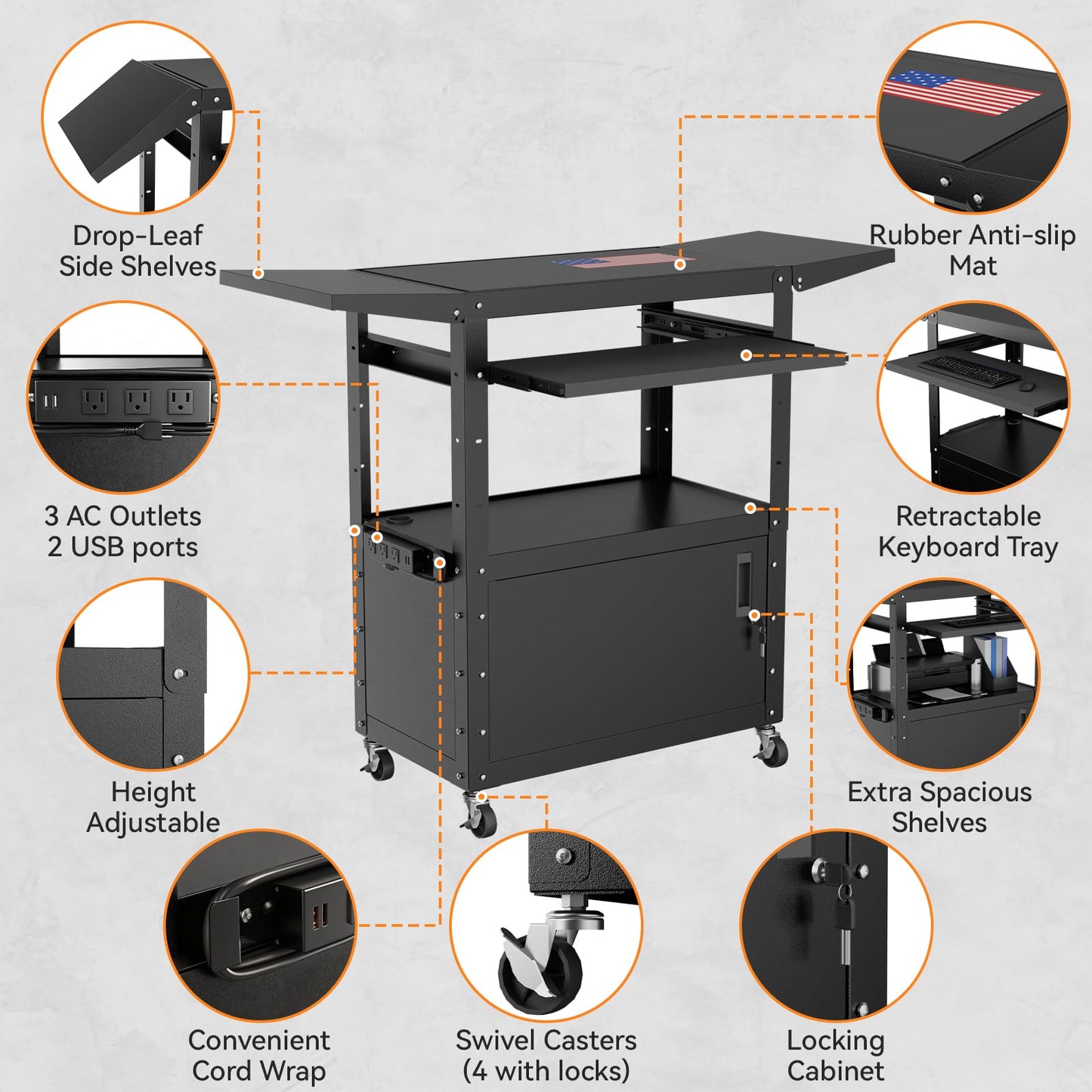 Mobile AV Cart with Drop Leaves & Adjustable Height, Rolling Computer Cart with Pullout Keyboard Tray – Locking Cabinet, 3 Outlets&2 USB Ports, Lock Brake Casters, Utility Cart for Office/Classroom