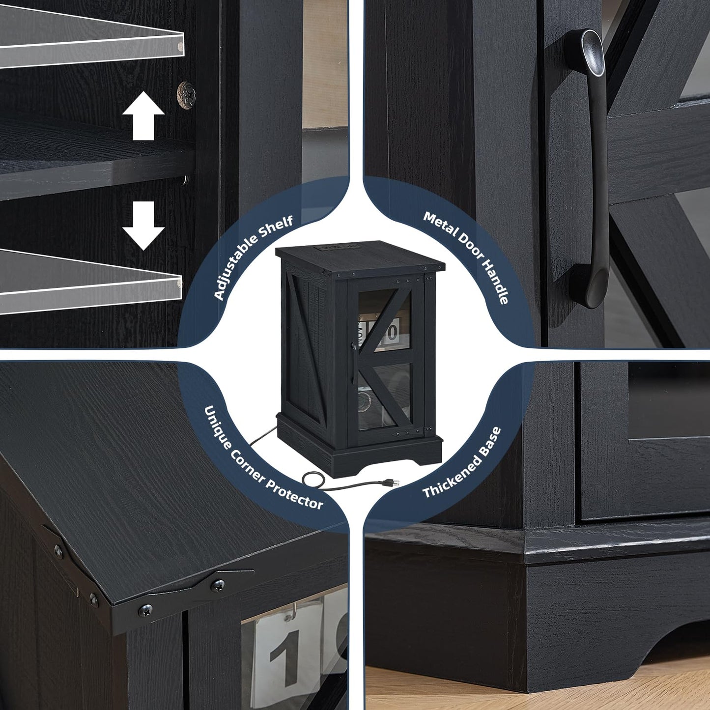 Joaxswe Narrow Night Stand Set 2 with Charger Station, Farmhouse Side End Table with Glass Barn Door Storage, Bedside Tables, Black Nightstand Cabinet Organizer for Small Spaces Living Room Bedroom