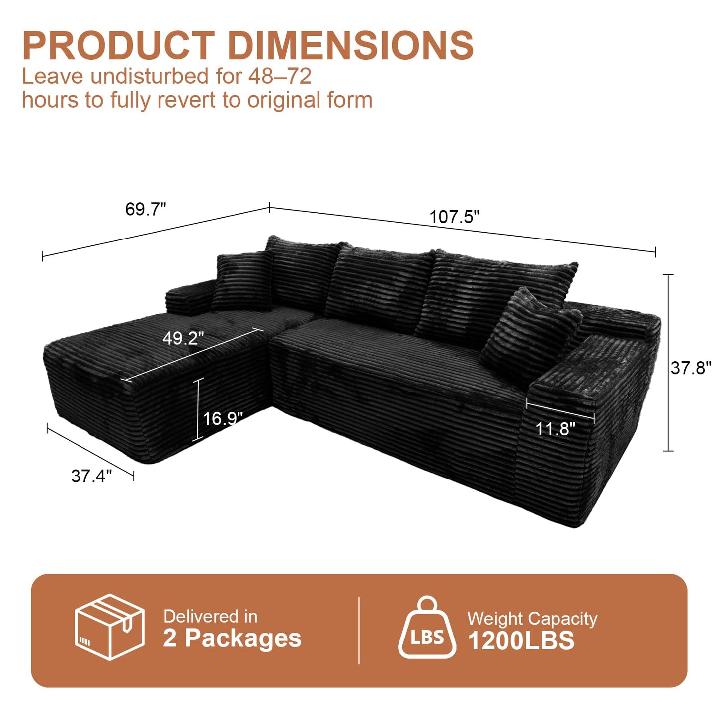 Rovibek 107.5" Couches for Living Room, Black Couch with Chaise, Modular Sectional Sofa with Throw Pillow & Deep Seat, No Assembly Required Compressed Sofa