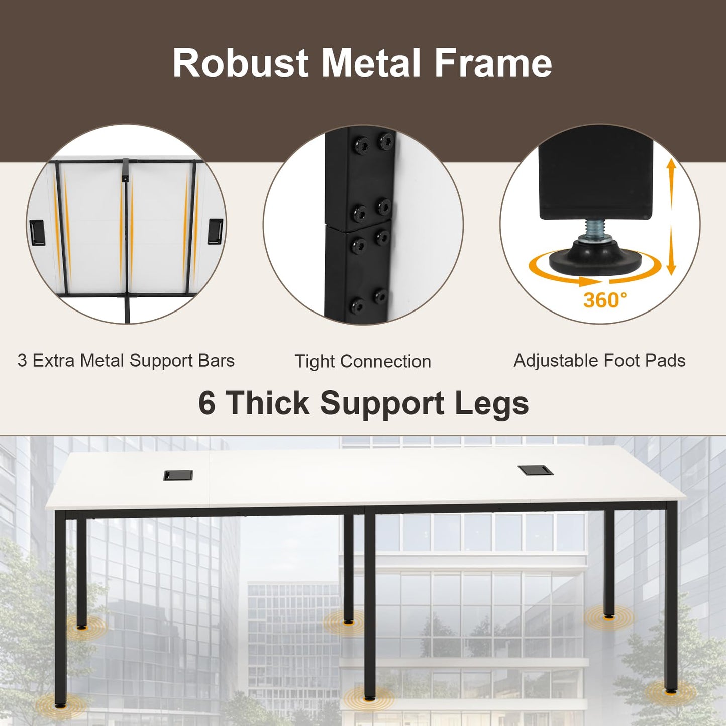 Nightcore Rectangle Conference Table for 10, 8 ft Large Seminar Table with 2 Cable Grommets, Modern Industrial Office Computer Desk with Metal Legs for Boardroom, Meeting Room, White