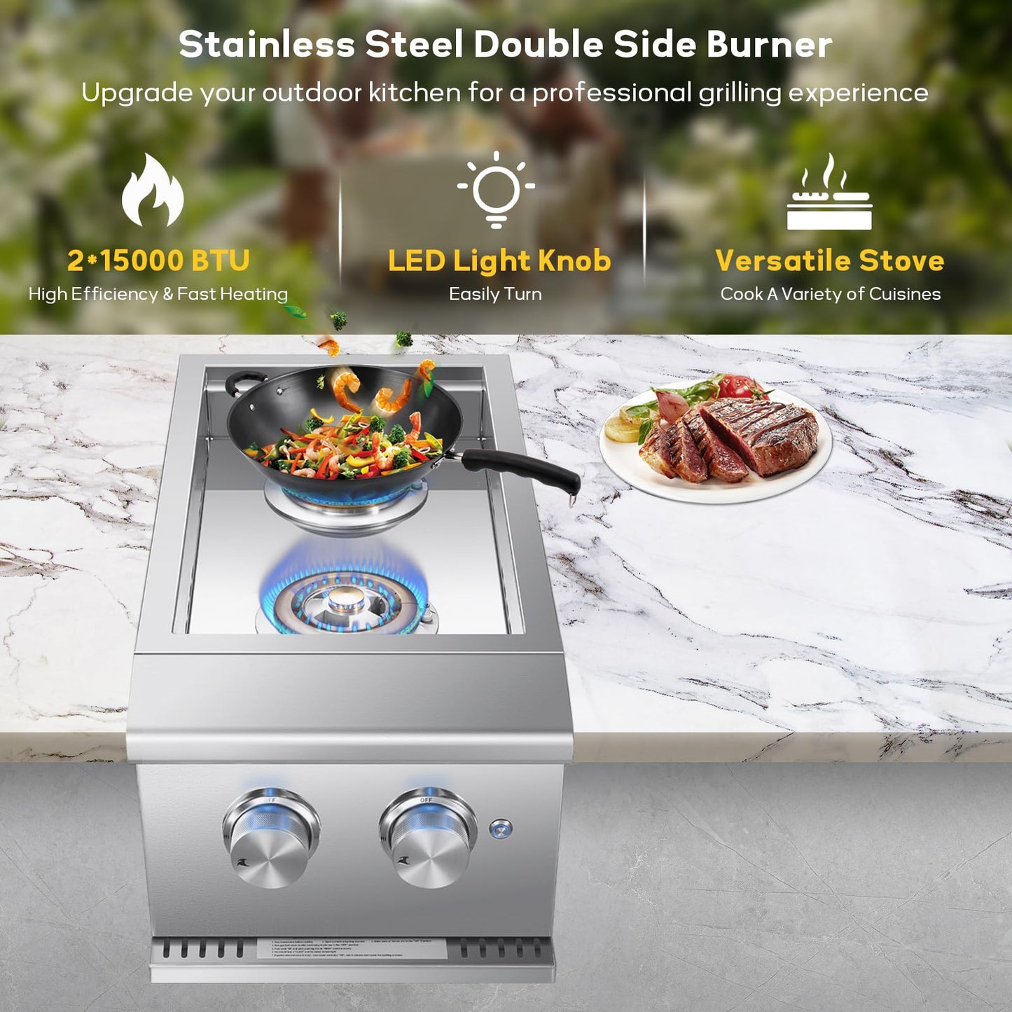 VEPURLT Double Side Burner with 2 x 17,000 BTU LP Gas Grills, Heavy Duty 304 Stainless Steel Built-in Gas Burners for Outdoor BBQ Island Grill Stations (Liquid Propane)