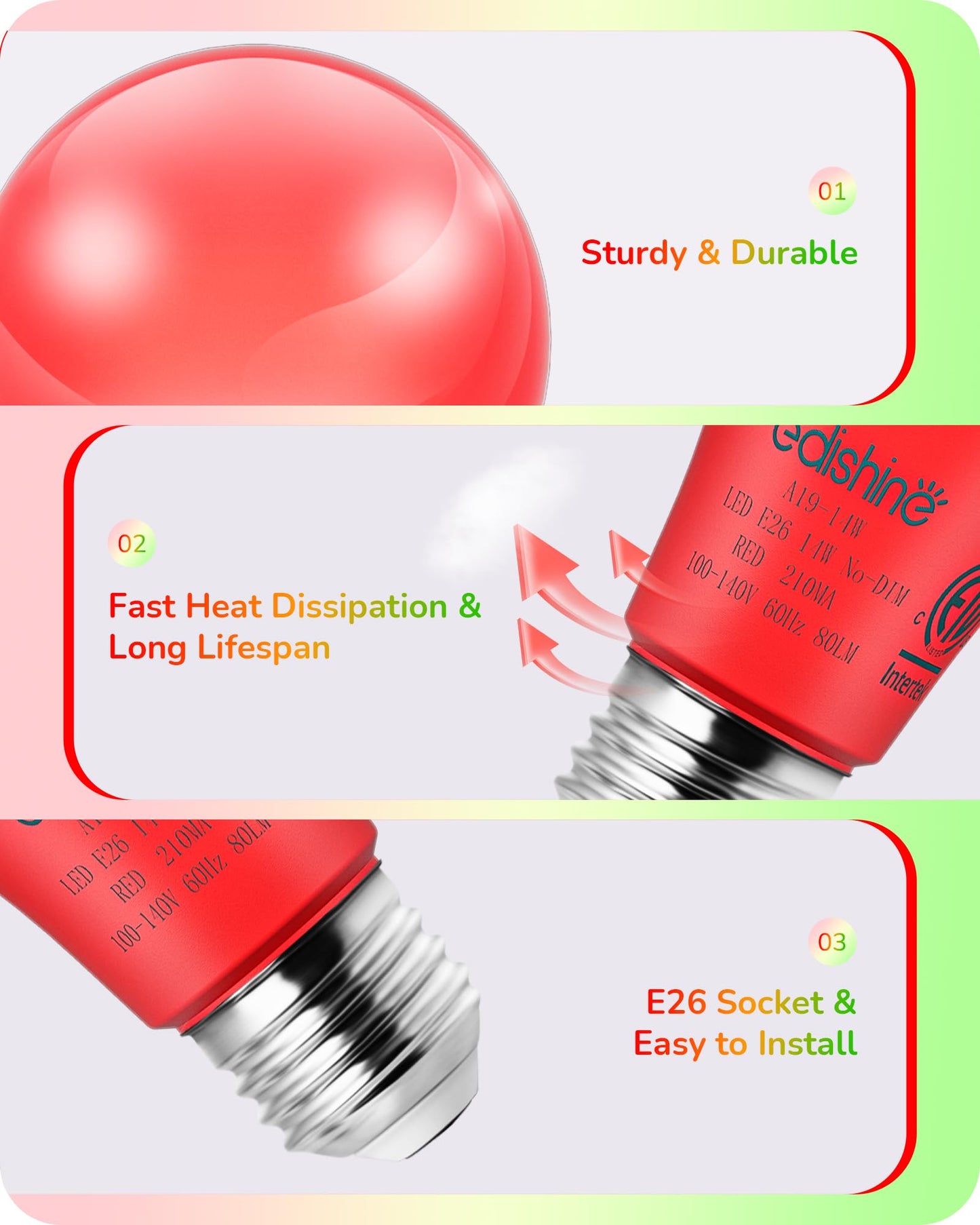 EDISHINE A19 LED Light Bulbs, Red & Green, E26 Base, 4 Pack for Christmas Decoration