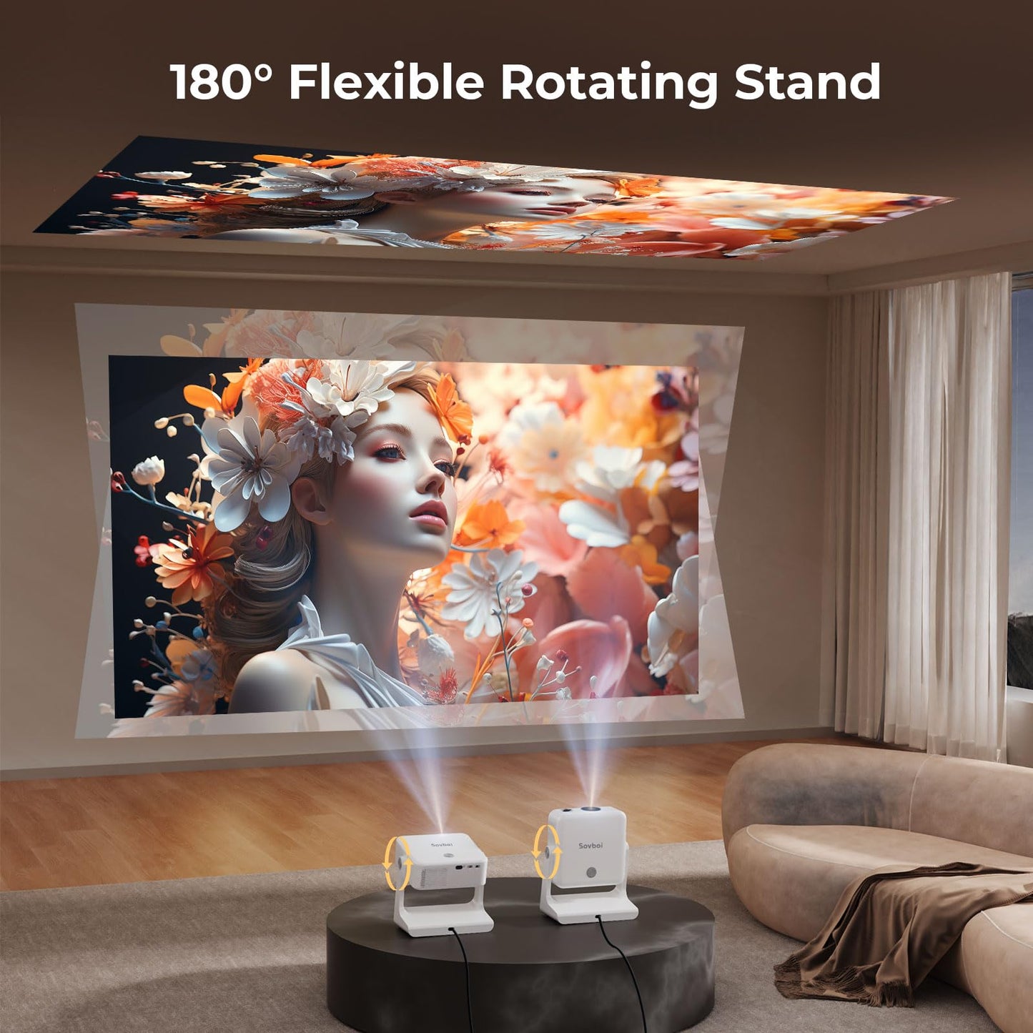 Outdoor-Projector-4K [Built-in Google TV/180°Rotatable Stand/Voice Control/E-Focus],Sovboi Smart-Movie-Projector with WiFi6 and Bluetooth, 2500 Brightness Portable-Proyector for 10,000+ Streaming Apps
