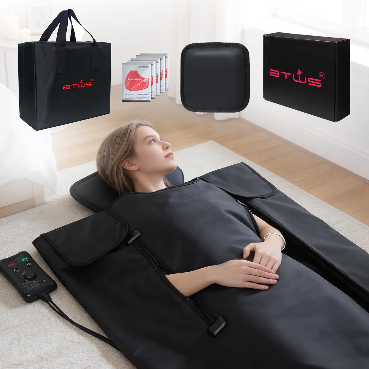 BTWS Infrared Sauna Blanket –Low EMF Safe with Support Pillow,Size 6 ft x 2.6 ft,Durable PU Leather Cover Detox & Relaxation at Home Adjustable Timer,5 Pcs Detox Bags,Gifts for Family
