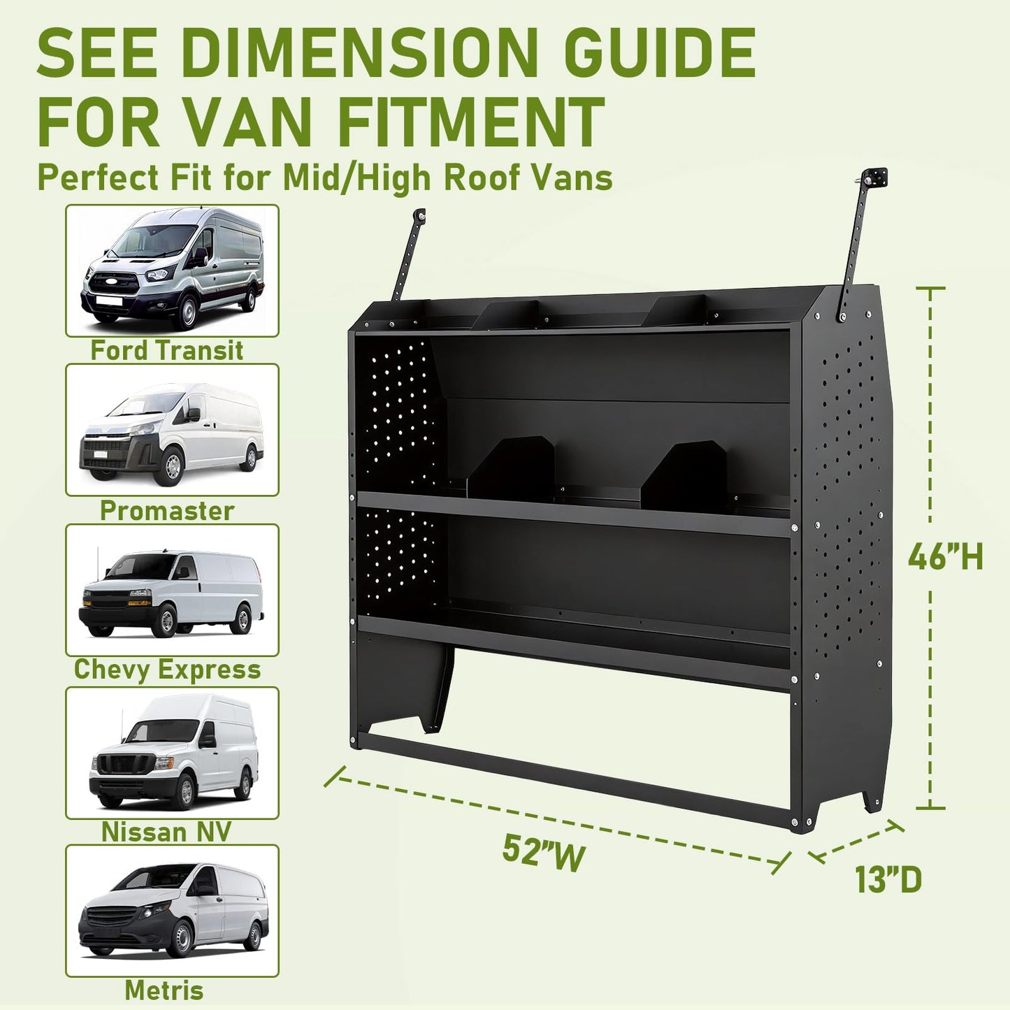 StellarStar Van Shelving Steel Storage System for Low/Mid/High Roof Ford Transit, Promaster, Chevy Express/GMC Savana, NV, Sprinter and Metris, Heavy-Duty Cargo Van Shelving, 52" W x 46" H x 13" D